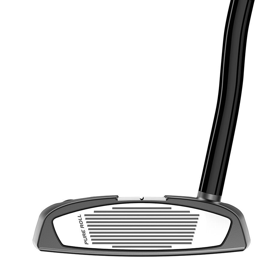 TaylorMade Spider Tour Double Bend Putter with black finish and alignment aids on a golf green.