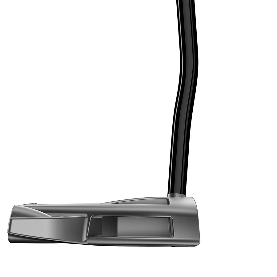 TaylorMade Spider Tour Double Bend Putter with black finish, showcasing its mallet-style head and double bend shaft for improved alignment.