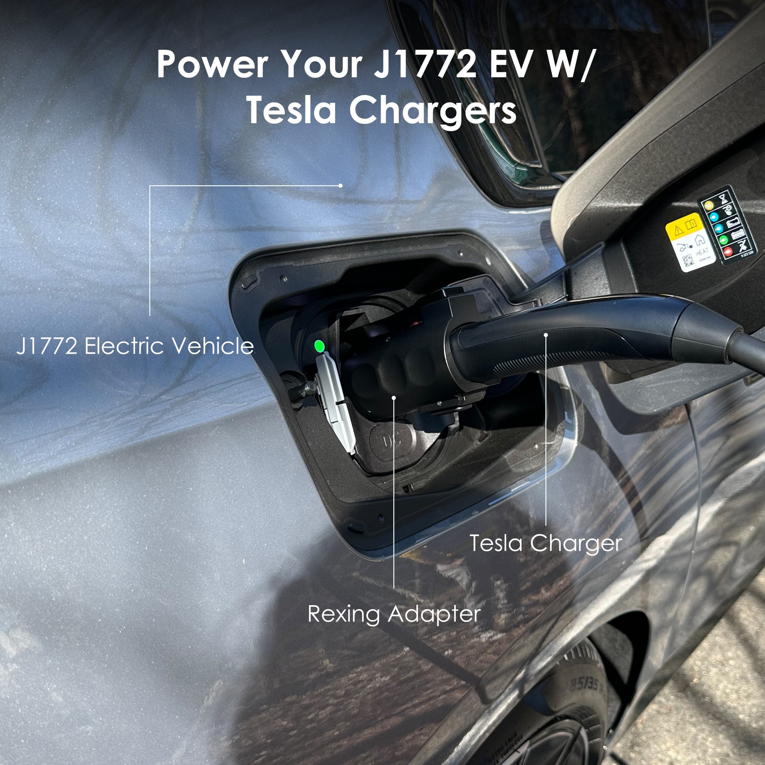 Rexing Tesla to J1772 EV charging adapter connected to a vehicle, showing the compact, durable design of the Rexing brand adapter.