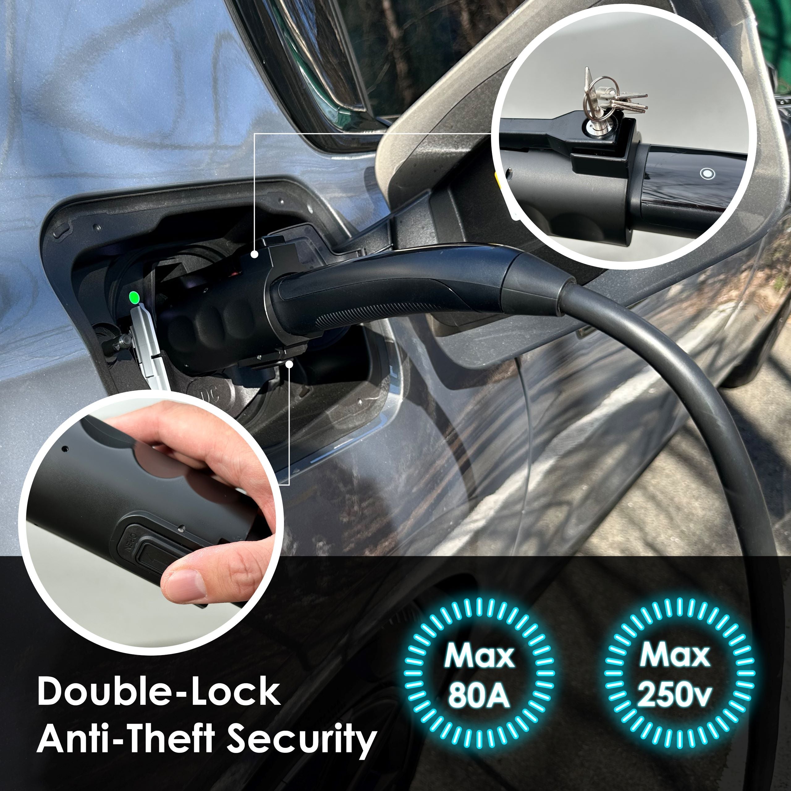 Rexing Tesla to J1772 EV charging adapter connected to a vehicle, showing the compact design and connector details.