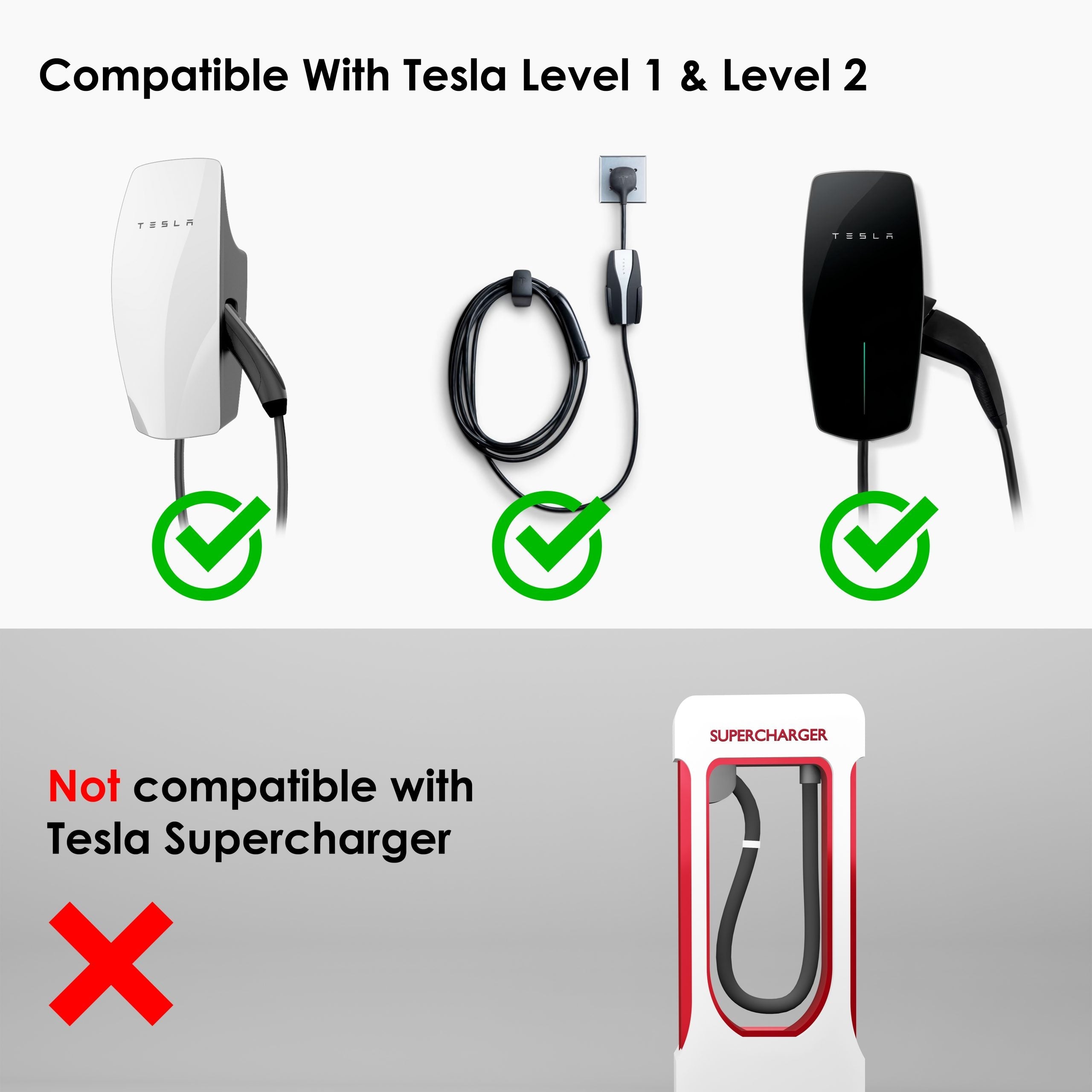Rexing Tesla to J1772 EV charging adapter showing a compact black connector with branding, compatible with Tesla and J1772 charging stations.