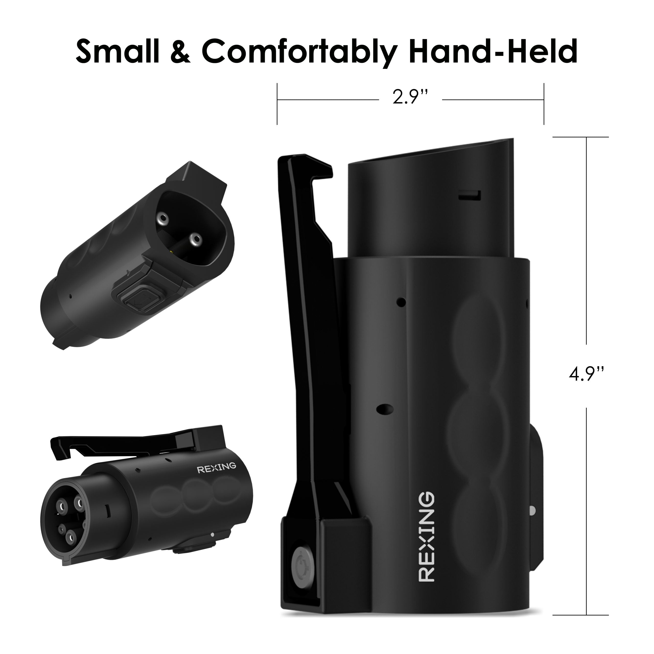 Rexing Tesla to J1772 EV charging adapter connected to a Tesla vehicle for compatibility with J1772 charging stations.