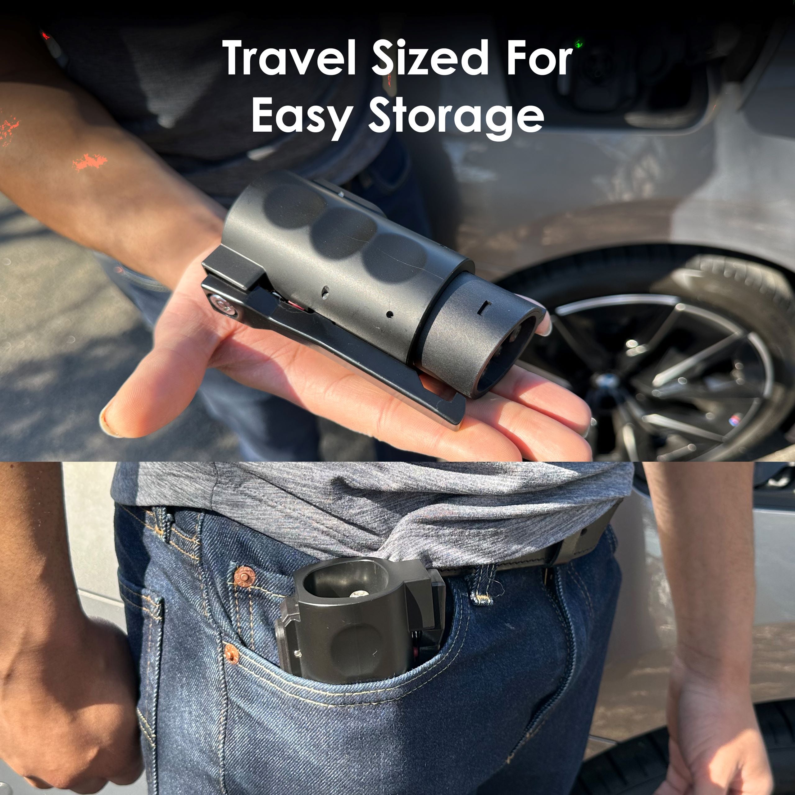 Rexing Tesla to J1772 EV charging adapter connected to a Tesla vehicle for compatible J1772 charging stations.