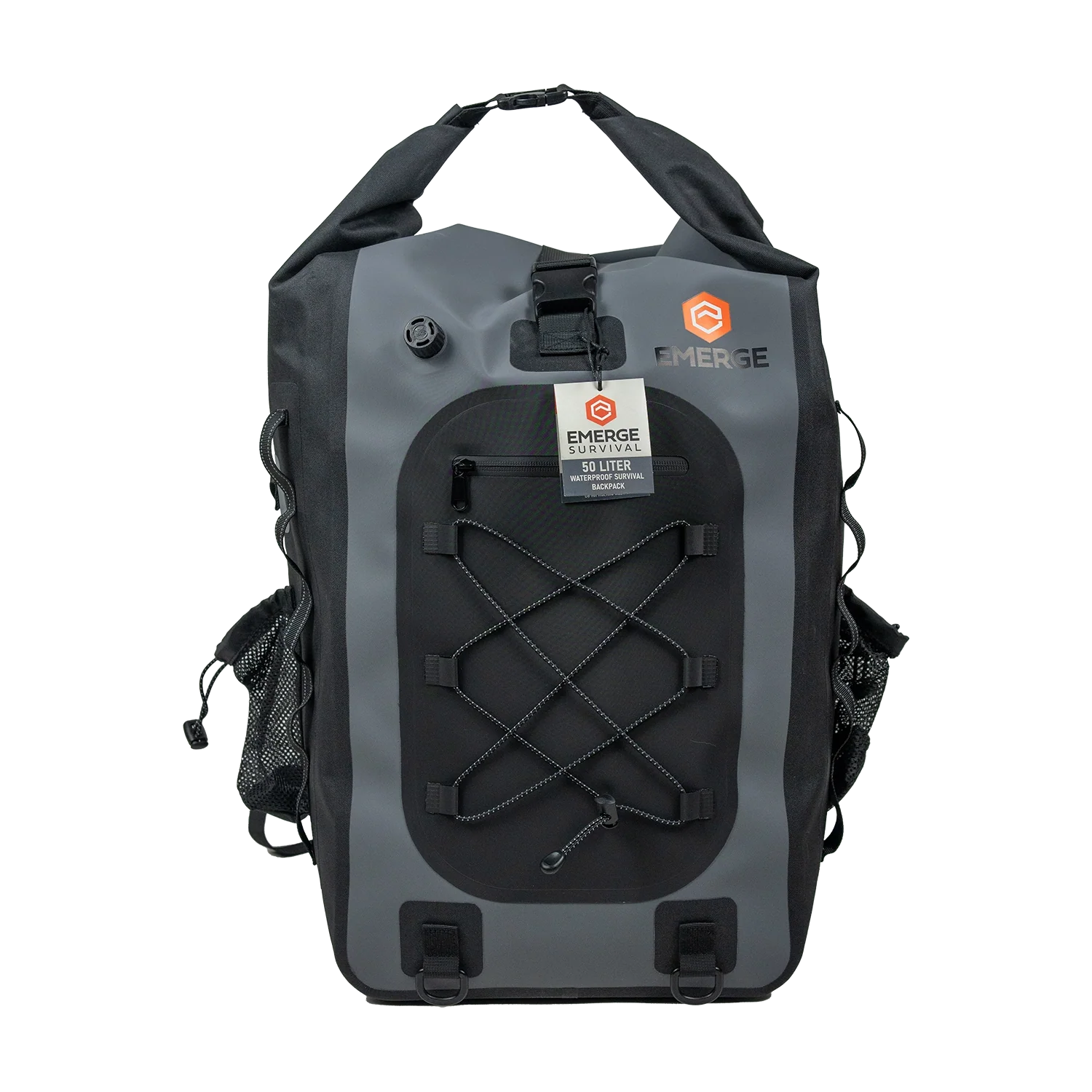 Emerge Survival 50L The Ghost dry bag in black with adjustable strap and roll-top closure for waterproof storage.