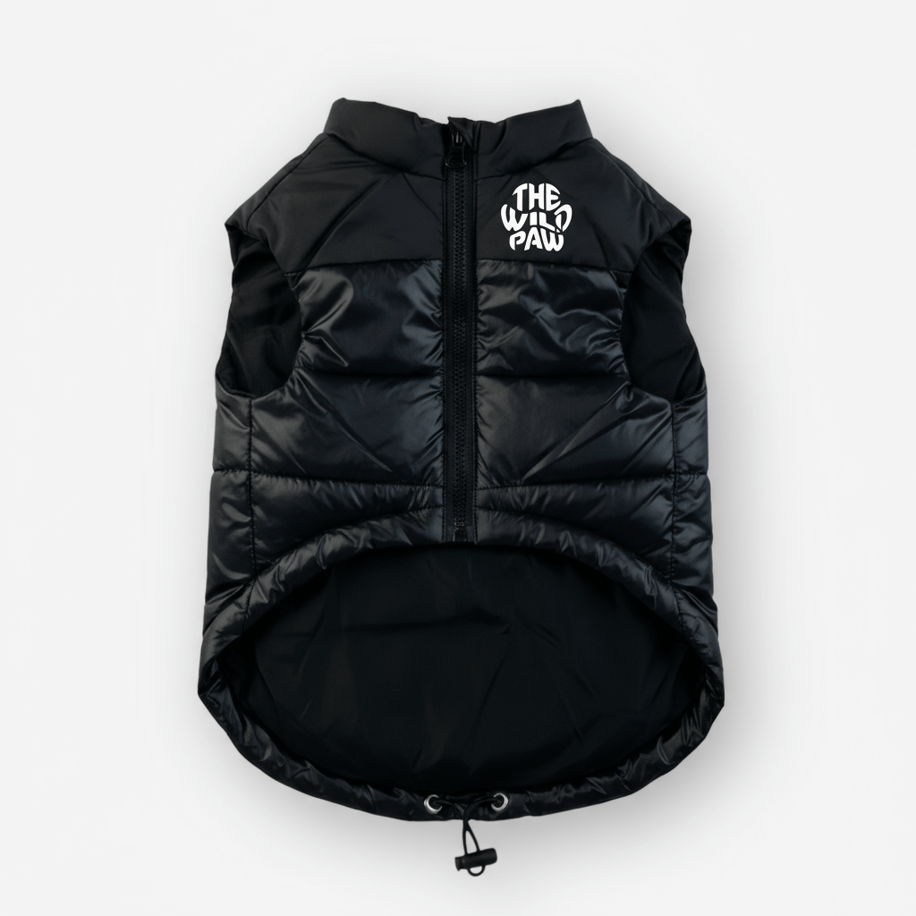 Black ThermaPuffer vest by The Wild Paw, insulated puffer vest with a sleek design, suitable for outdoor warmth and style.