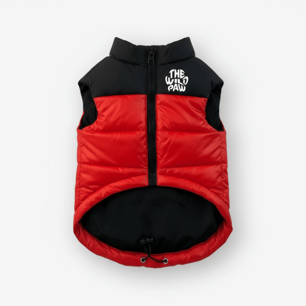 Red ThermaPuffer Vest by The Wild Paw, insulated puffer vest with a front view, showcasing its quilted design and cozy fit.