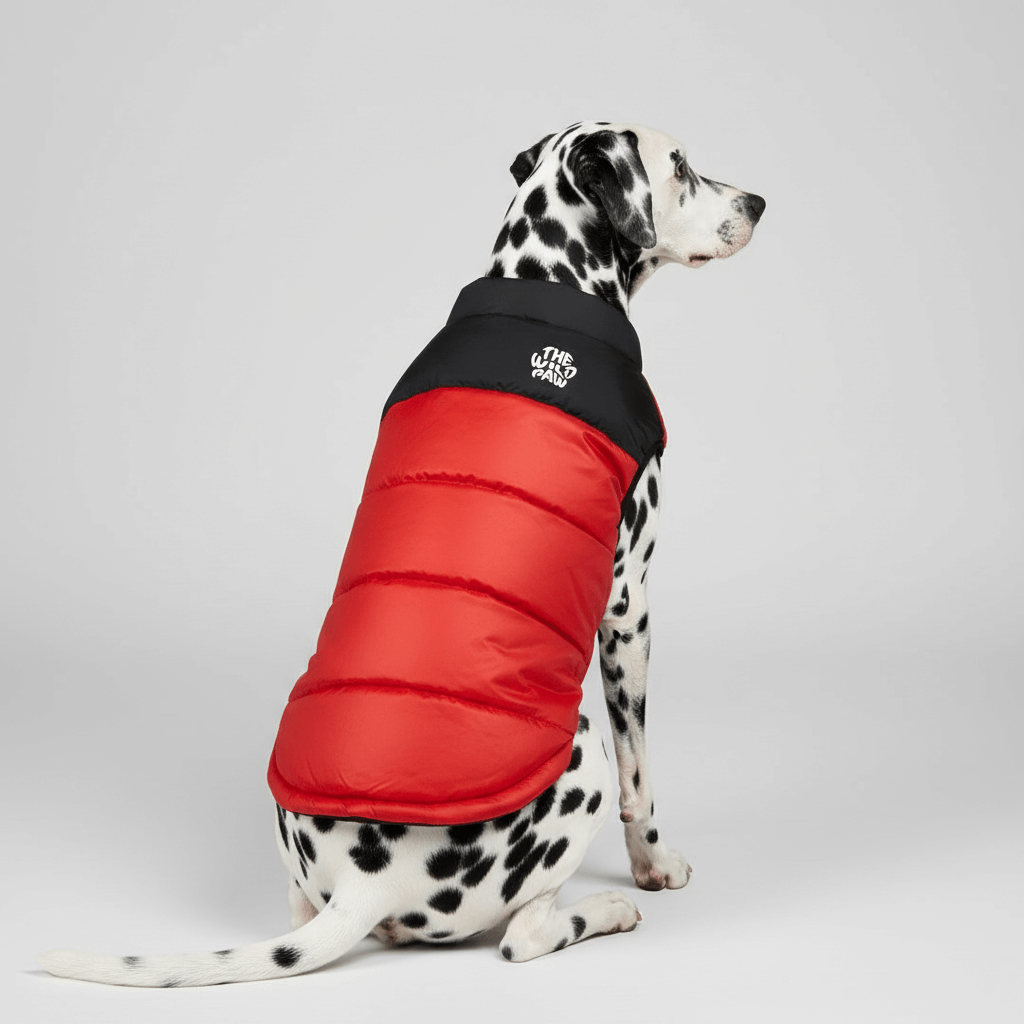 Red ThermaPuffer vest by The Wild Paw, insulated puffer vest with a front zipper and stand collar, lightweight and warm.