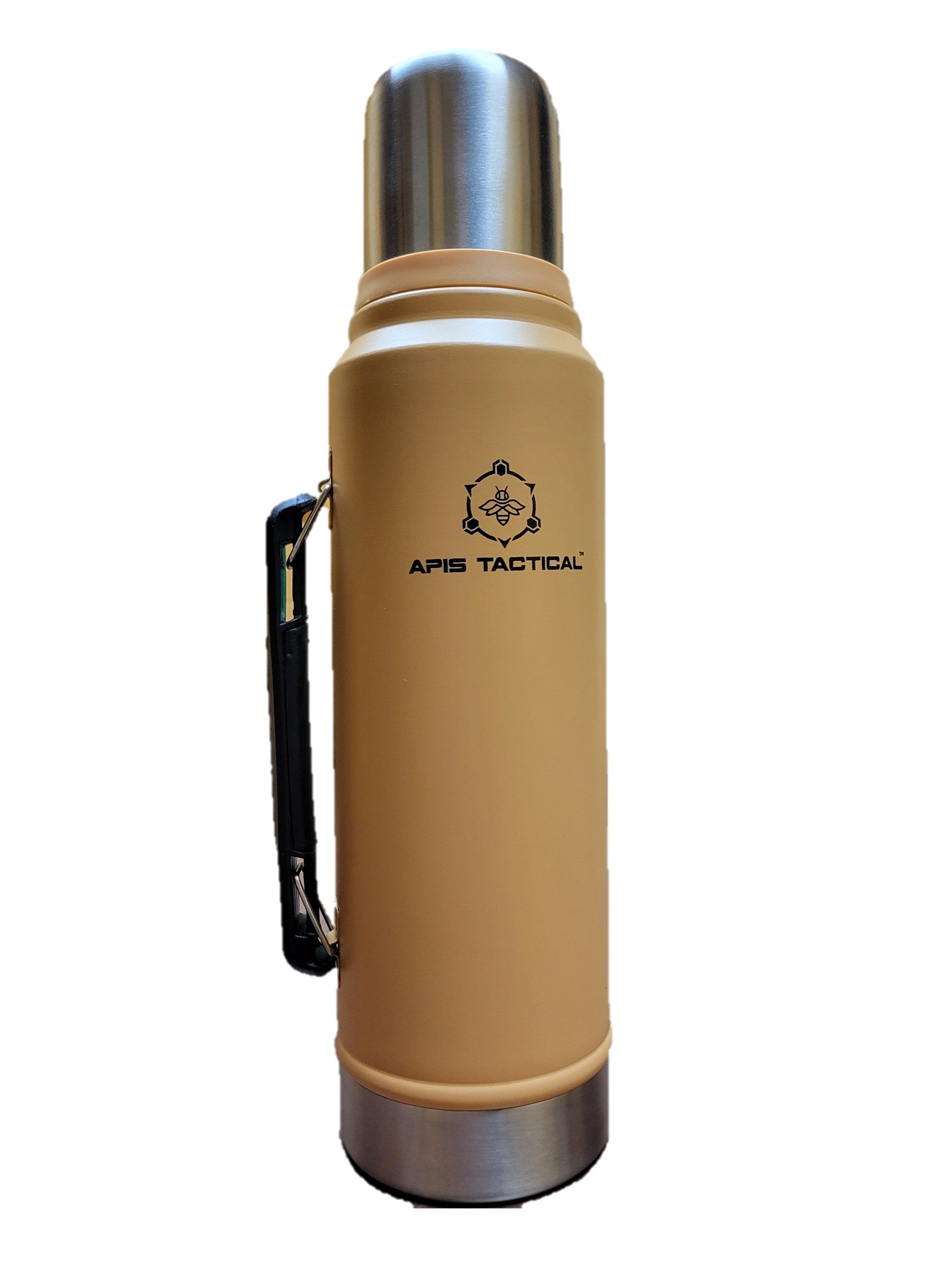 Apis Tactical 1qt insulated field thermos with a stainless steel body and secure lid, designed for outdoor use and temperature retention.