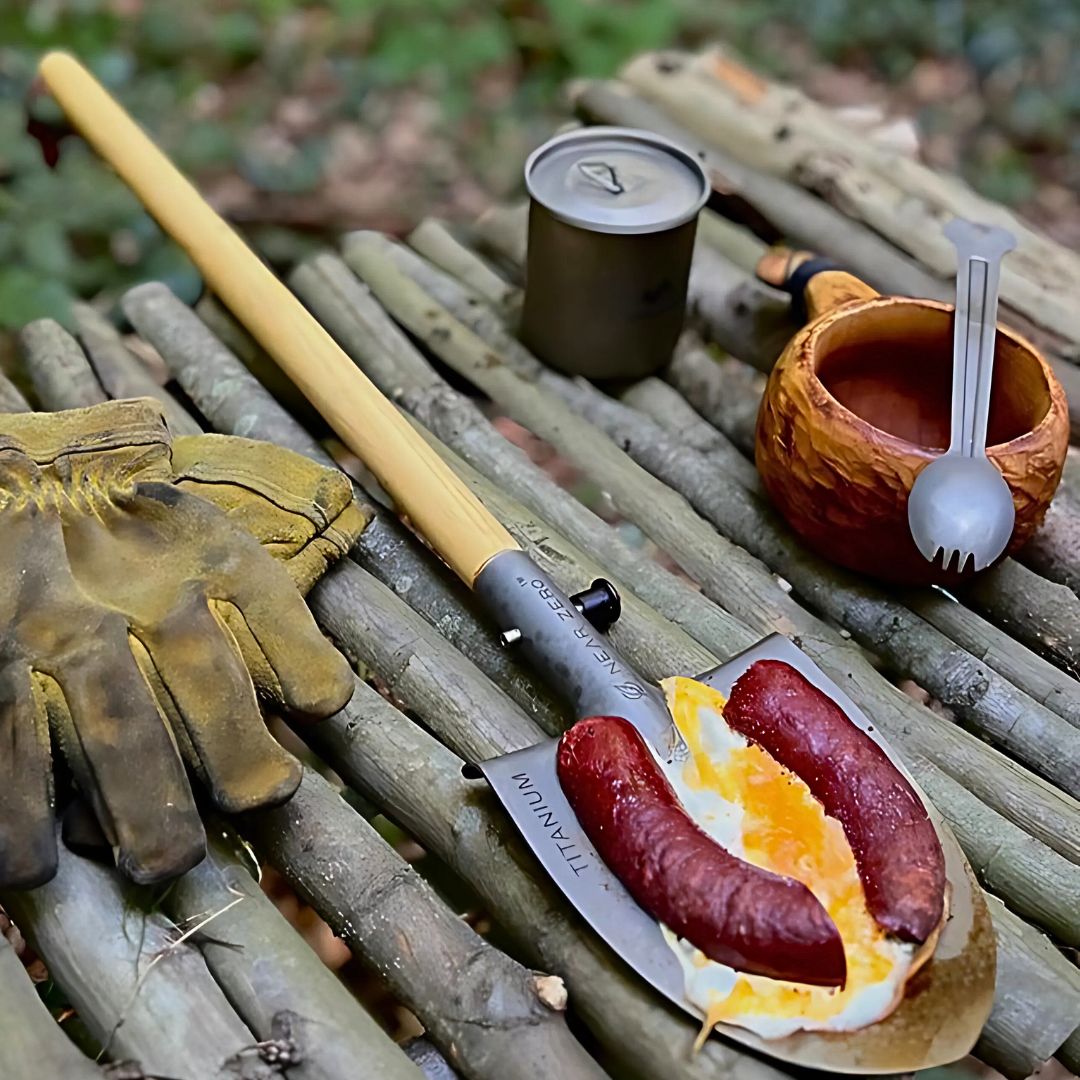 Near Zero Outdoor Gear titanium shovel, a durable camping accessory with a sleek metal design suitable for outdoor use.