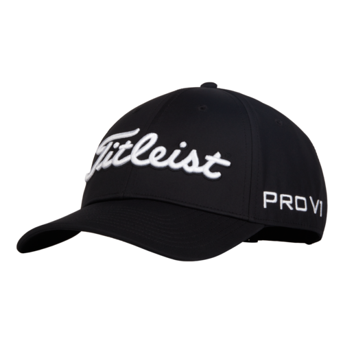 Titleist men's Tour Performance golf hat with breathable fabric and curved brim, designed for sun protection during play.