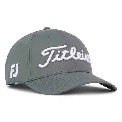 Titleist men's tour performance golf hat in white with adjustable strap and breathable mesh panels, designed for sun protection and comfort.