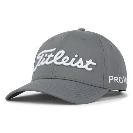 Titleist men's Tour Performance golf hat with breathable fabric and adjustable strap, ideal for outdoor golf play.