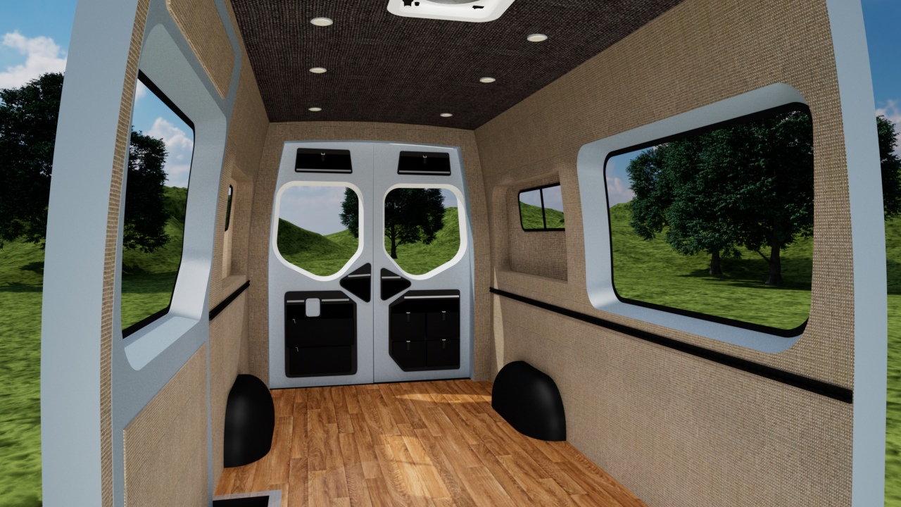 Mercedes Sprinter 144" high roof interior panel kit by Alpine Van Works, LLC, featuring Heather gray wall and ceiling panels.