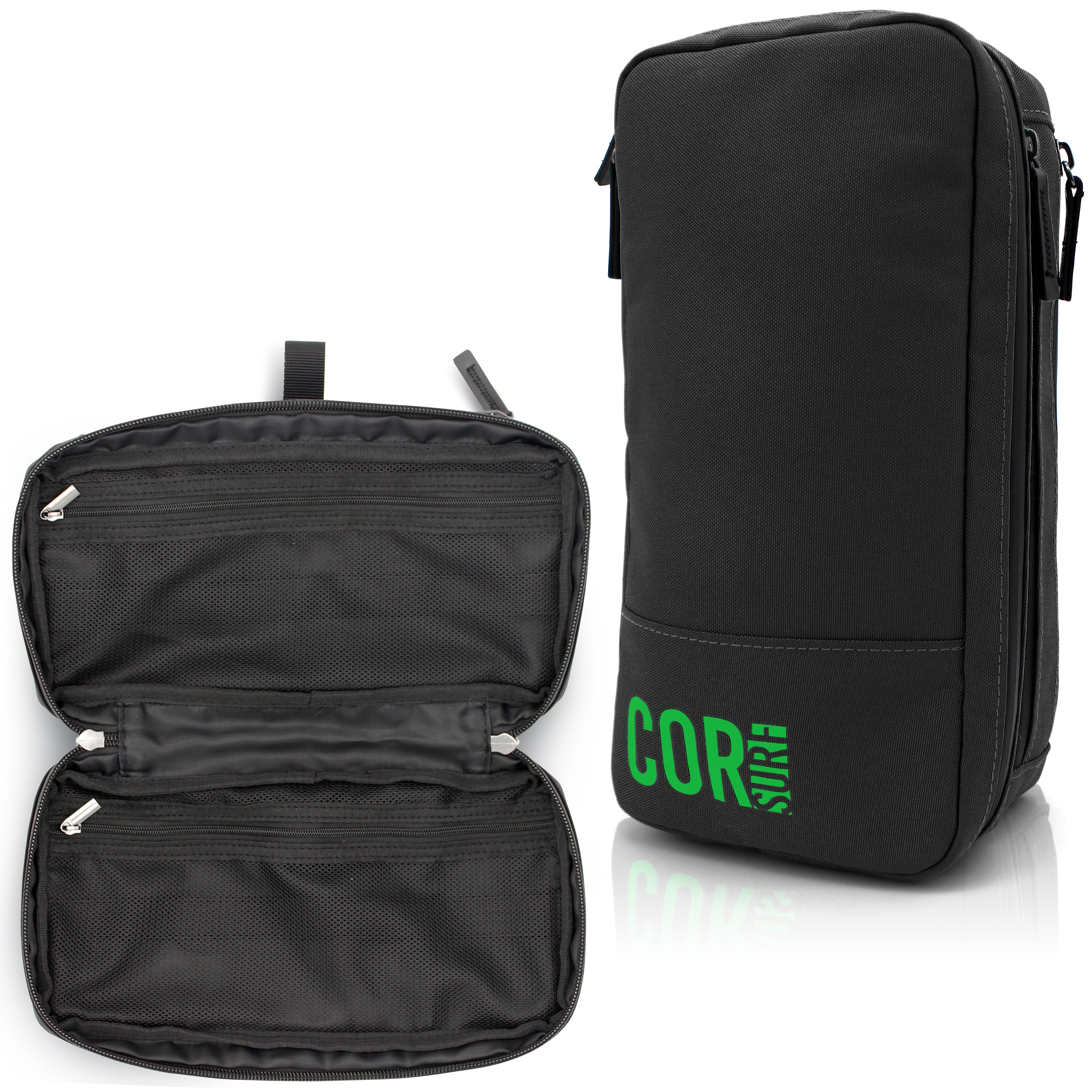 COR Surf Island Hopper travel backpack with a toiletry bag inside, featuring multiple compartments and durable straps.