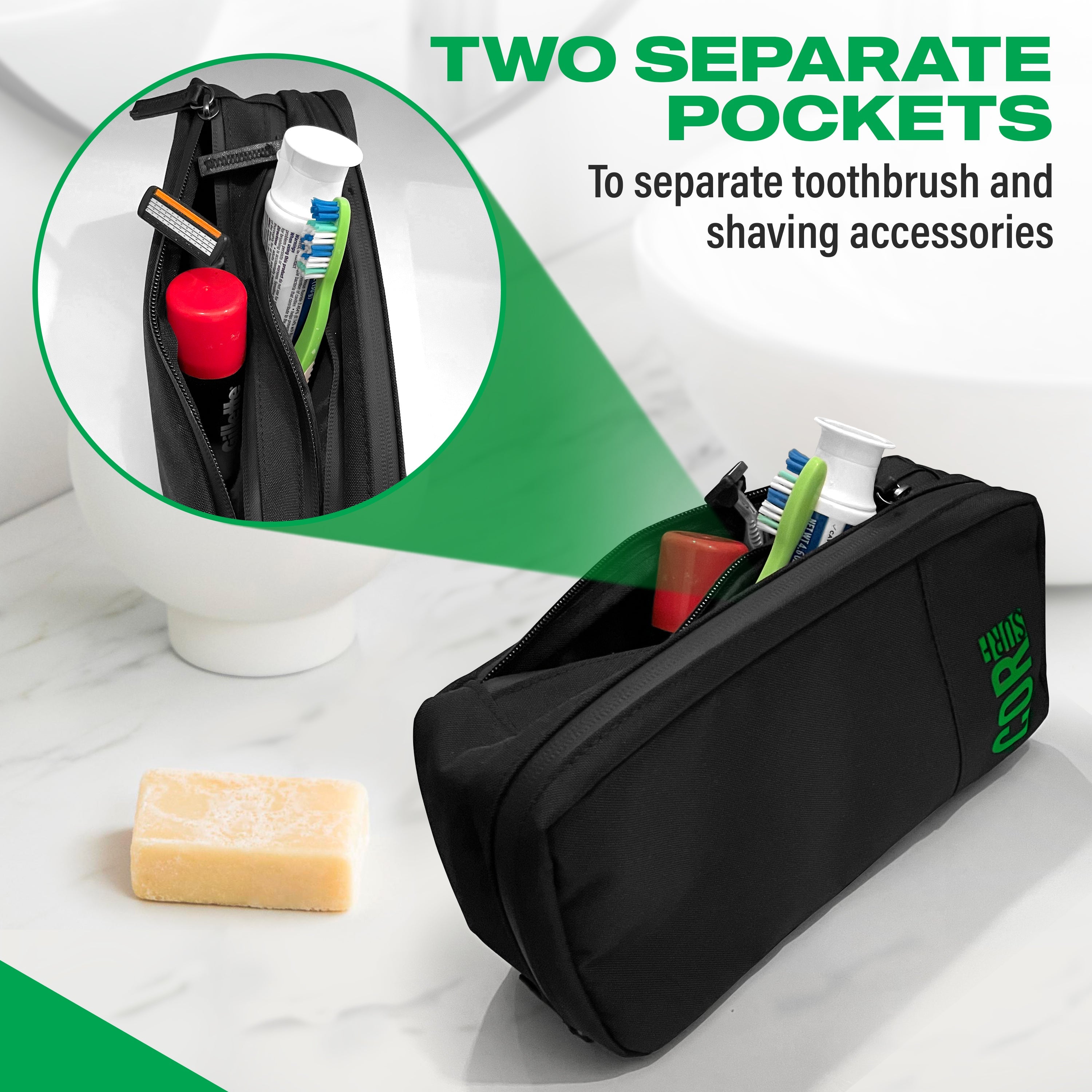 COR Surf Island Hopper travel backpack with a built-in toiletry bag, featuring multiple compartments and durable design for travelers.