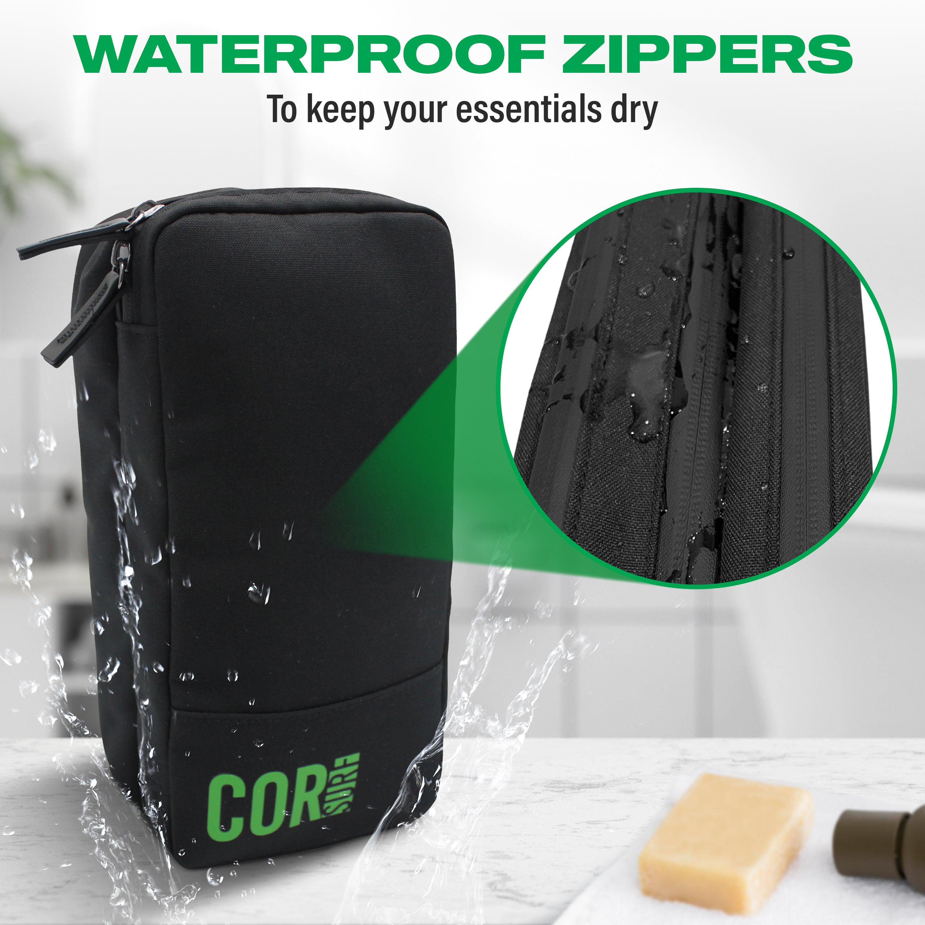 COR Surf compact toiletry travel bag with multiple compartments and zipper closures, designed for organizing personal accessories.