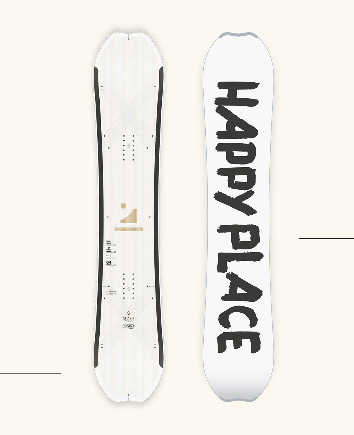 ZEITBIKE Slash by GiGi Happy Place snowboard with blank top art, showcasing vibrant graphic design on a high-quality snowboard.