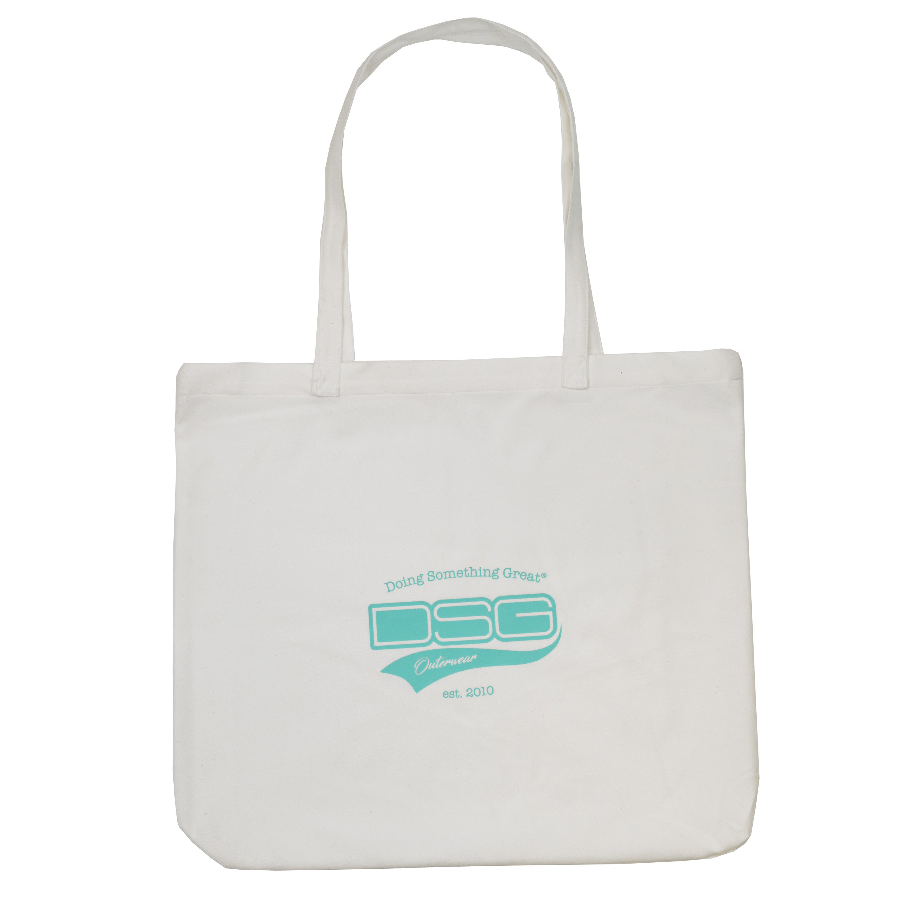 White DSG OUTERWEAR tote bag with sturdy handles and spacious interior, perfect for everyday use.