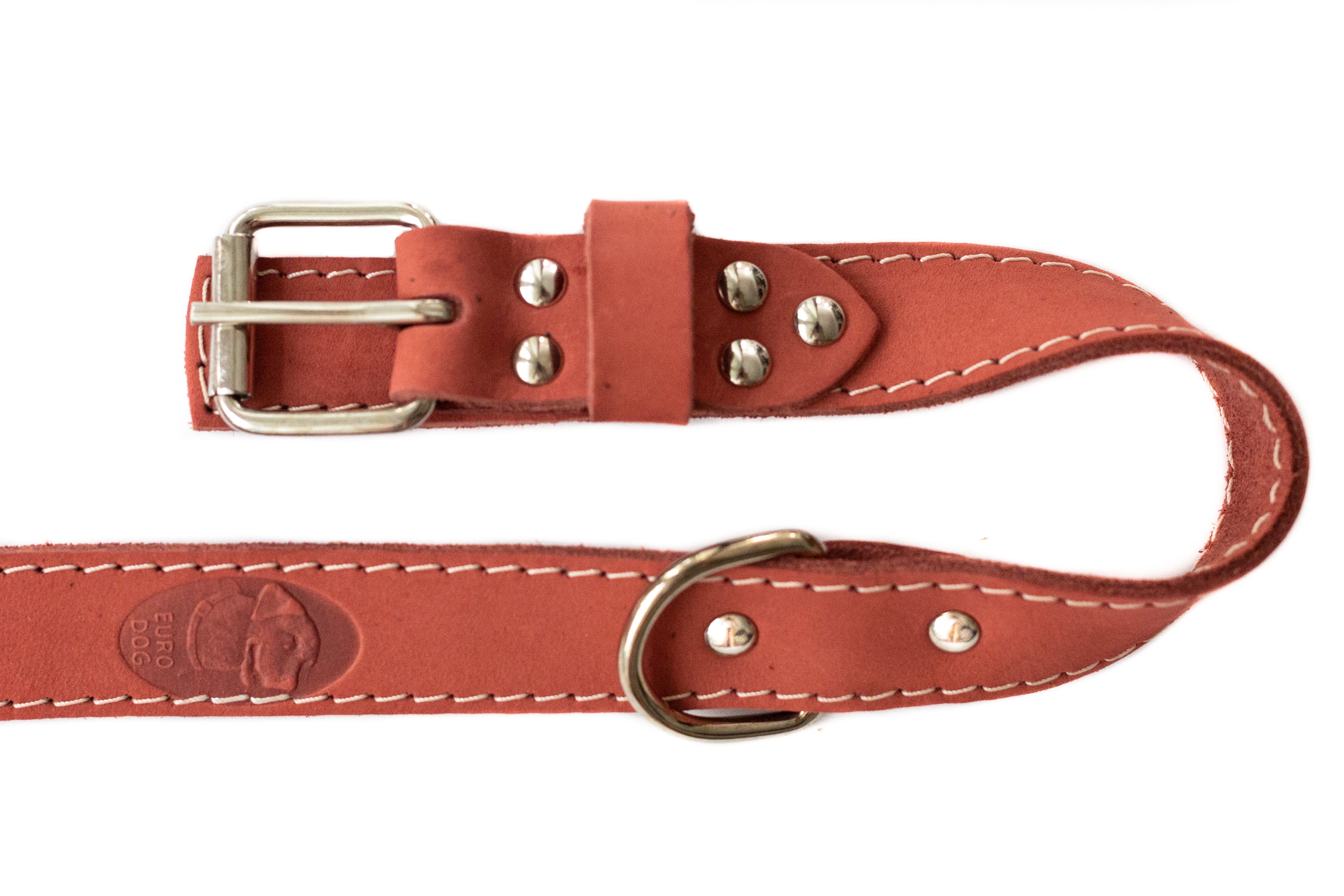 Close-up of a traditional coral leather dog collar and matching leash from Euro-Dog Collars and Leads, showcasing quality craftsmanship.