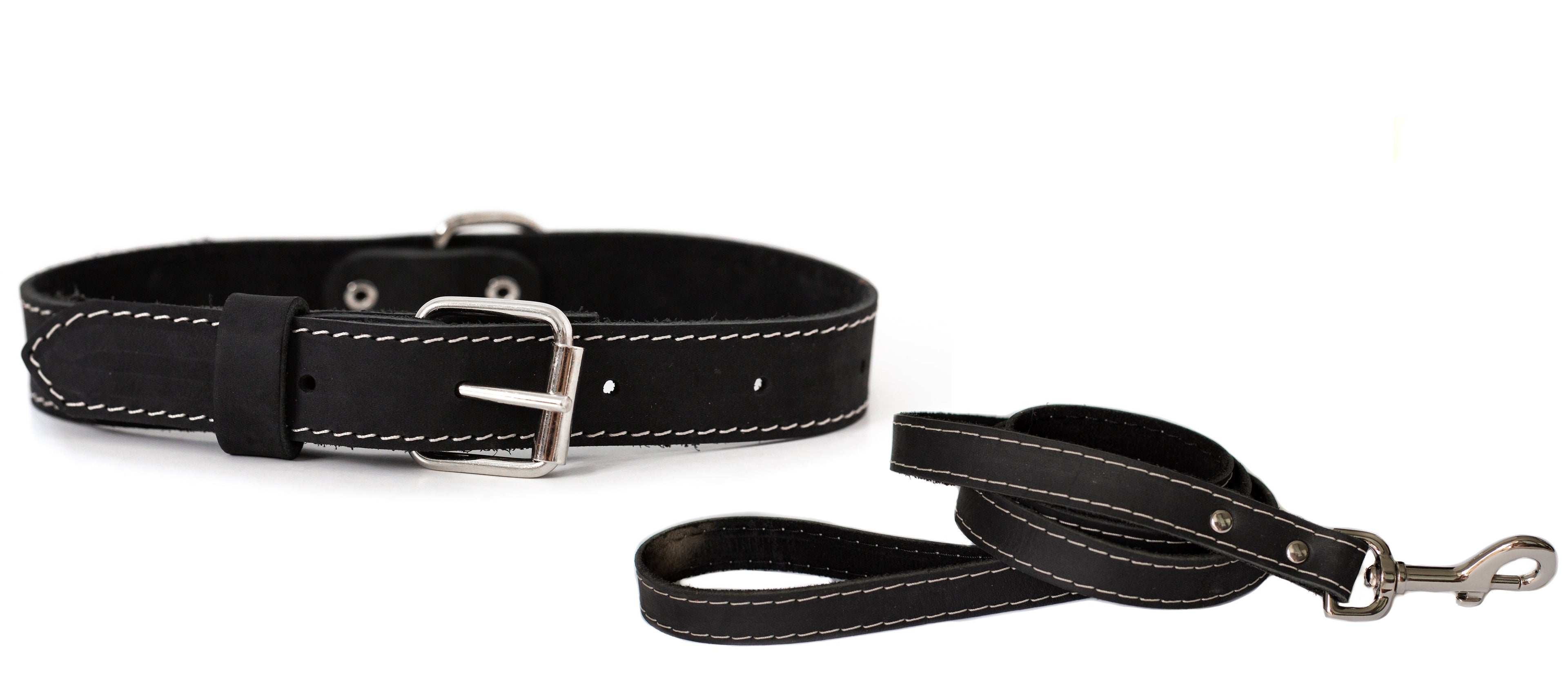 Black leather dog collar and leash set by Euro-Dog Collars, durable leather material for outdoor training and walking.