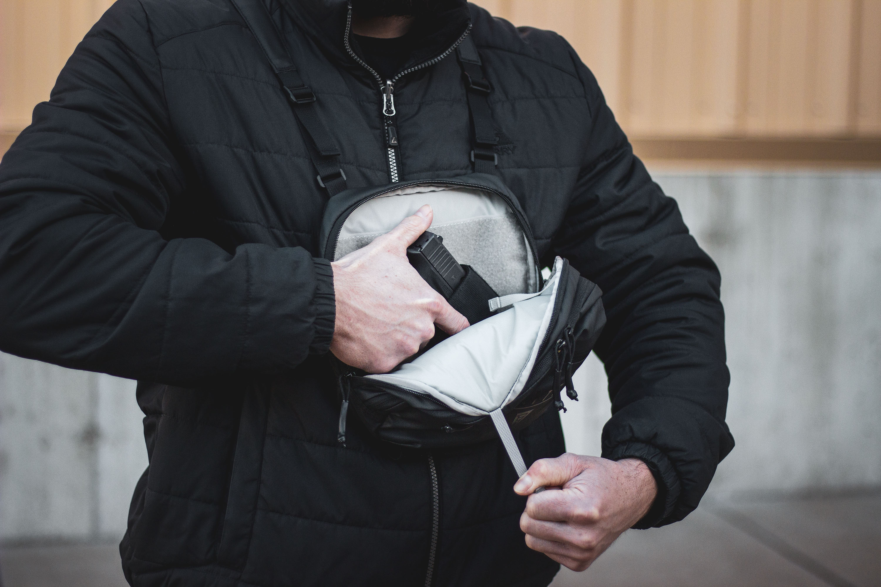 Elite Survival Systems Trailguard Chest Pack for concealed carry, featuring a durable concealment pouch with web attachment for outdoor use.