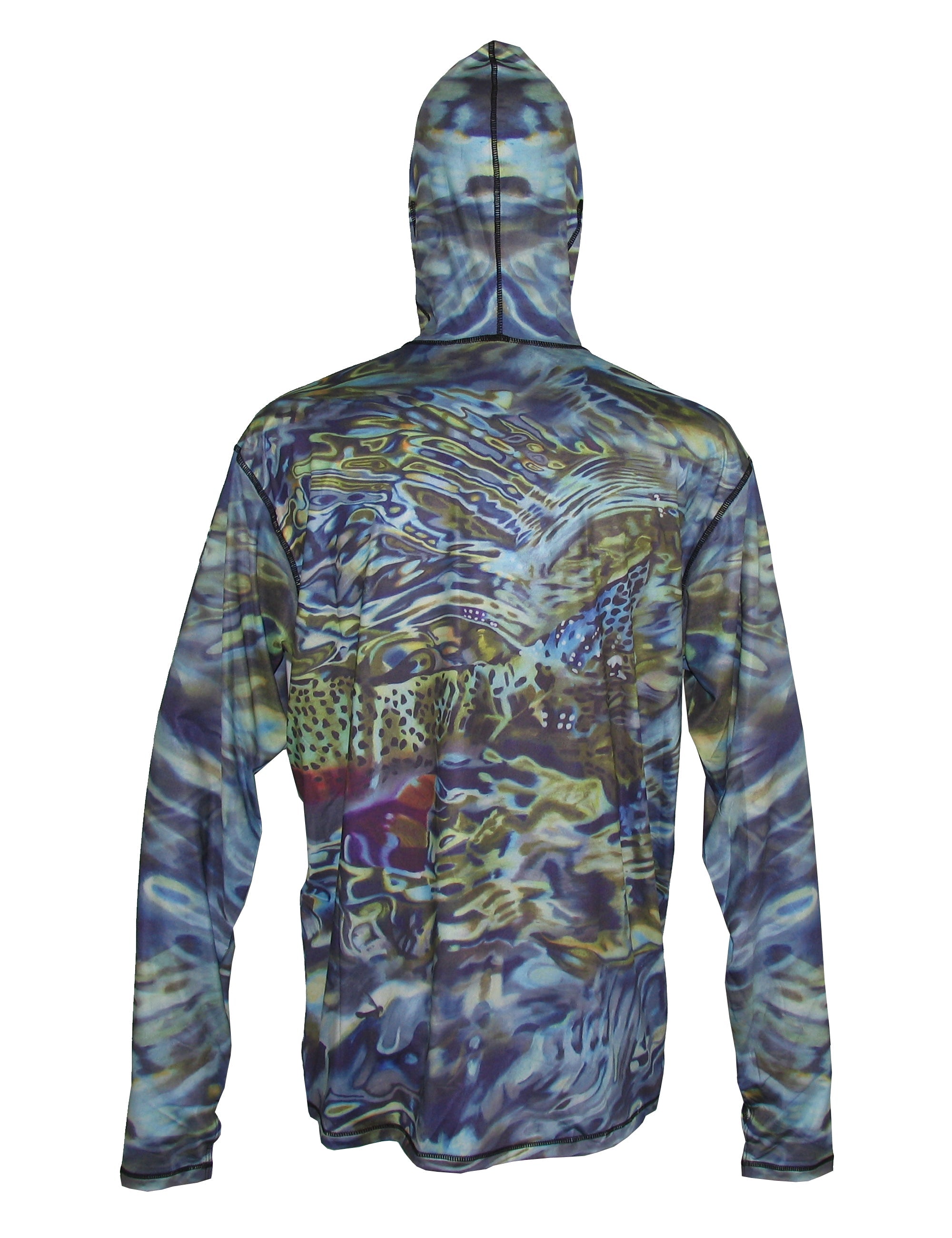 Back view of Sunpro hoodie by Cognito Brands featuring a tranquil rainbow trout graphic on a dark fabric.