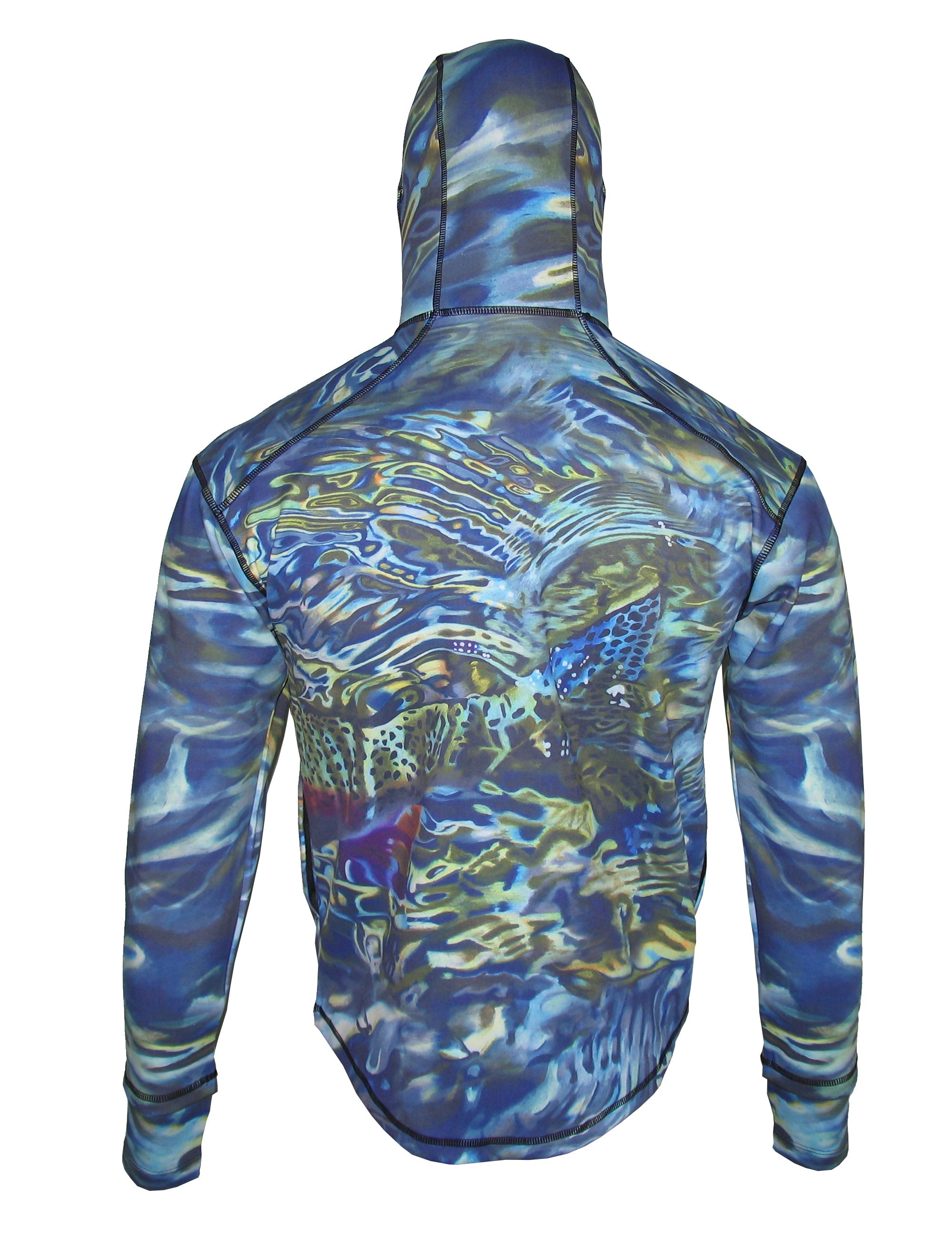 Cognito Brands Tranquility Rainbow Trout heavyweight 1/4-zip FlexShell fishing hoodie with a back rainbow trout design and fleece material.