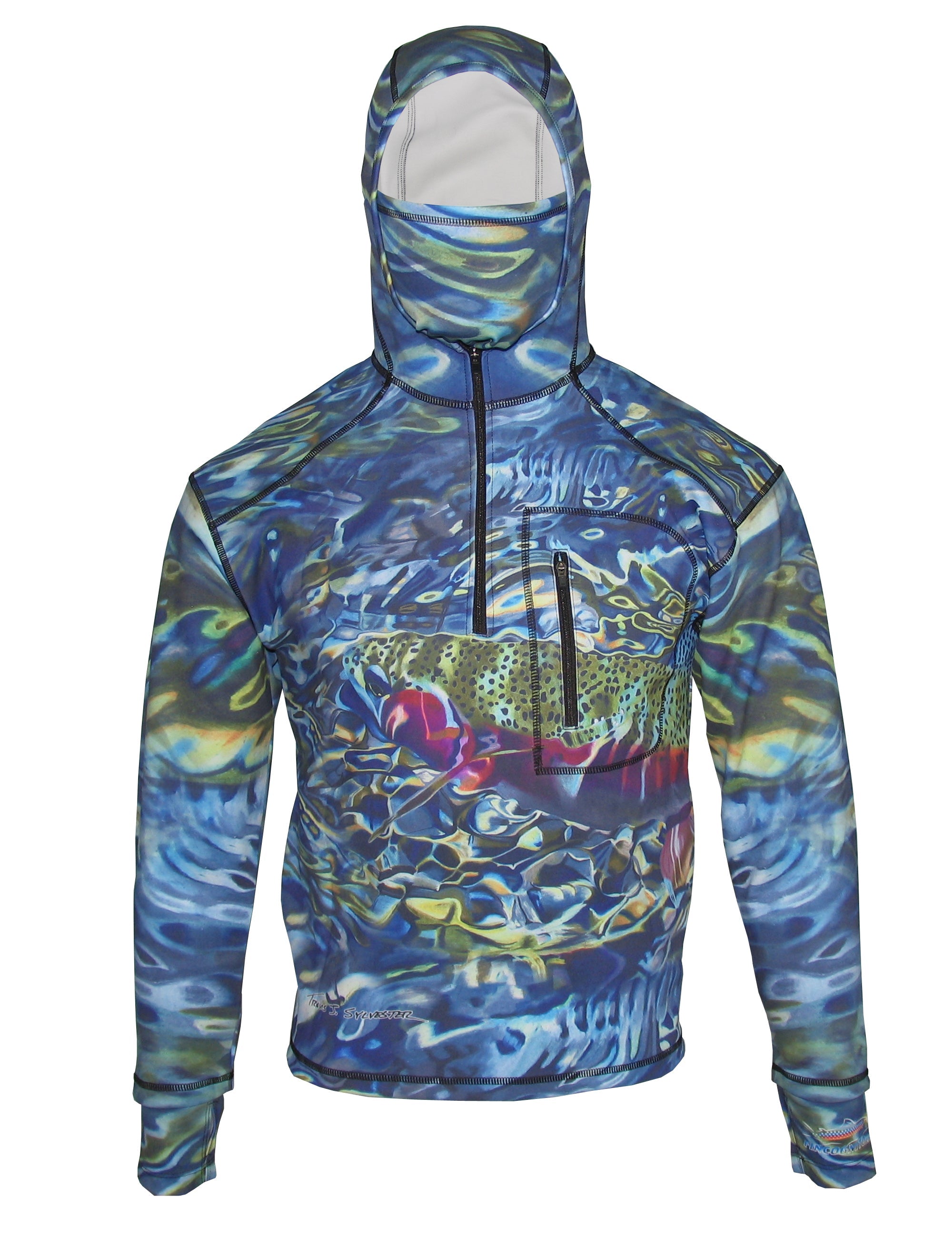 Front view of Cognito Brands Tranquility Rainbow Trout heavyweight 1/4-zip FlexShell fishing hoodie in dark color with zip closure.