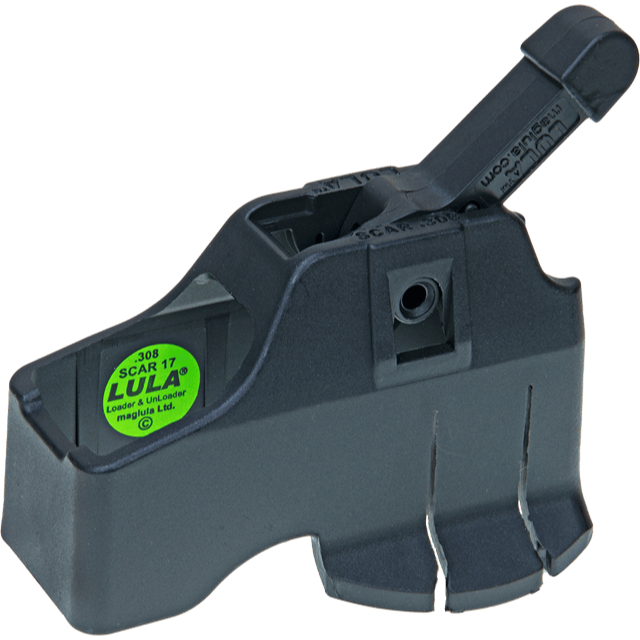 HCC Tactical LULA Loader and Unloader for SCAR 17 rifle, transparent design, tactical gear accessory for firearm handling.