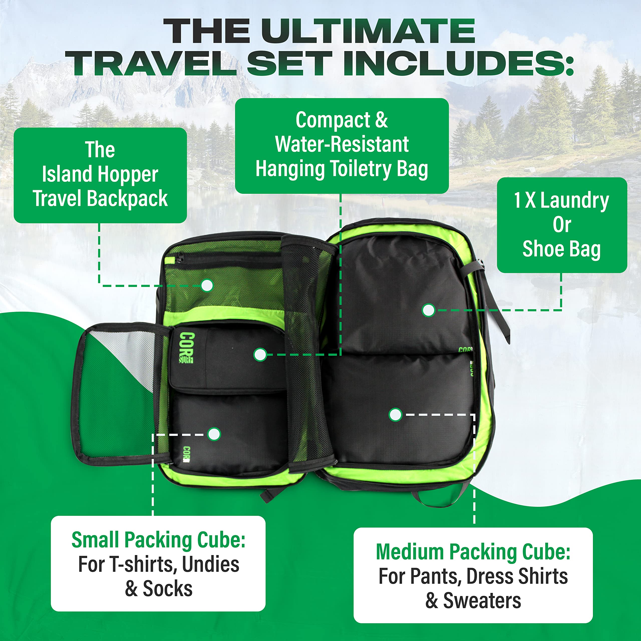 COR Surf Island Hopper travel bundle backpack shown with adjustable straps, multiple compartments, and durable design for travel and adventure.