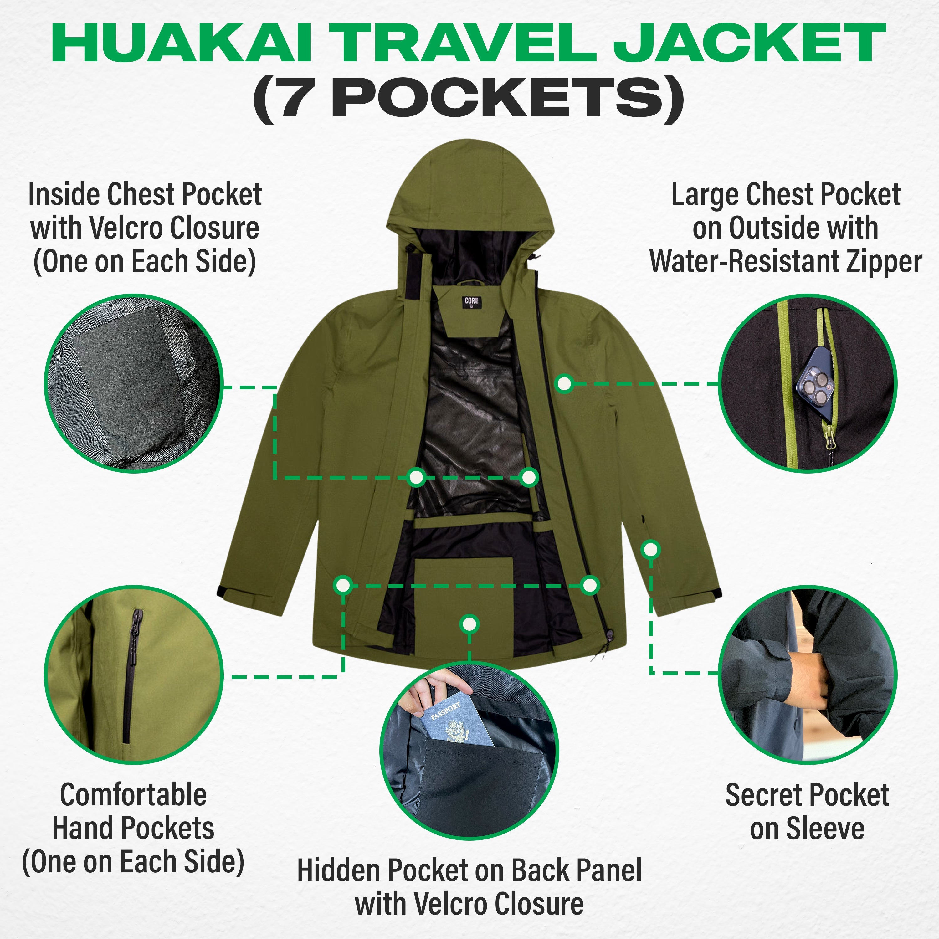 COR Surf Huakai Travel Rain Jacket for unisex, showing the jacket's pocket and lightweight waterproof fabric for travel.
