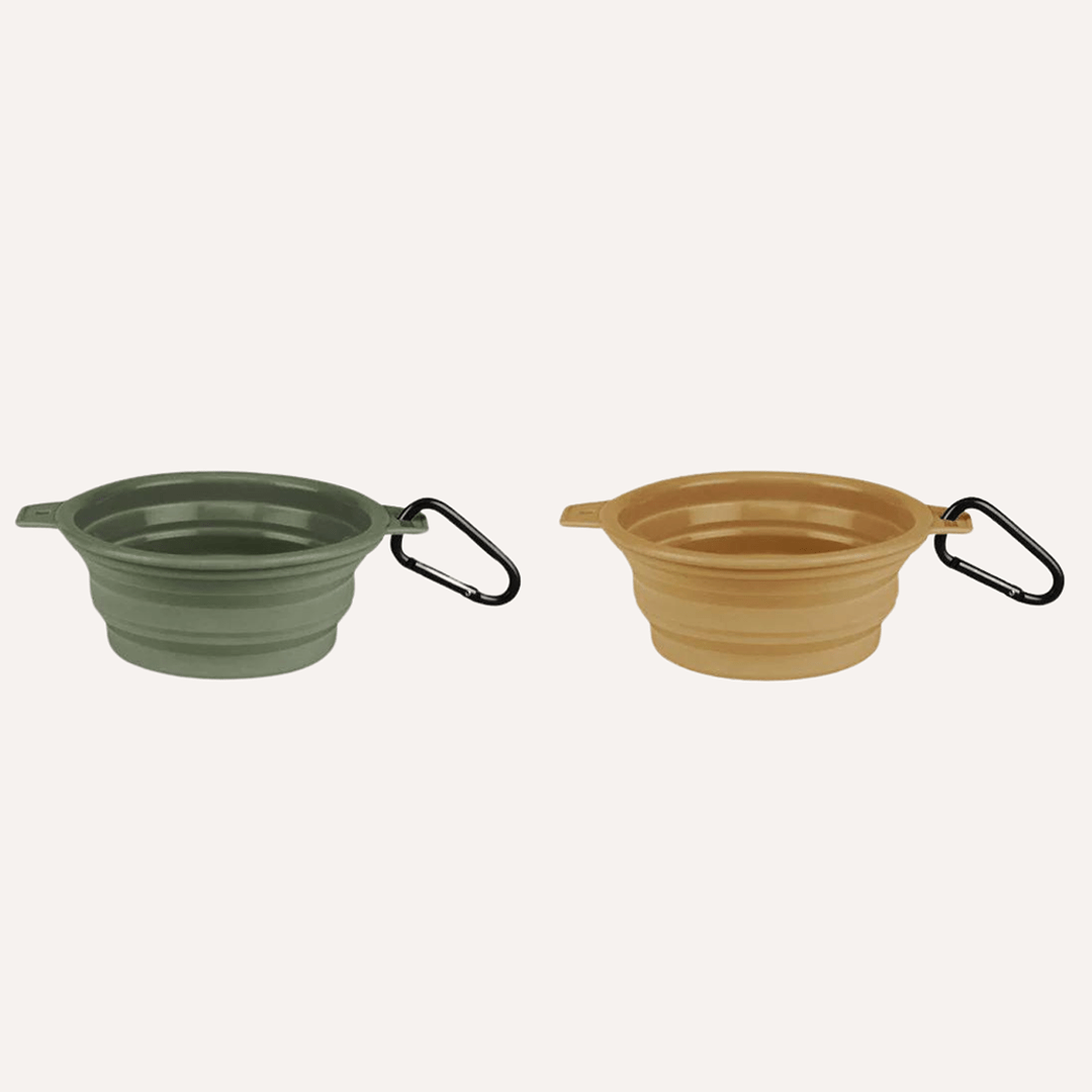 Tilley + Me collapsible travel dog bowl with clip, reusable, compact, and easy to clean for outdoor pet hydration.