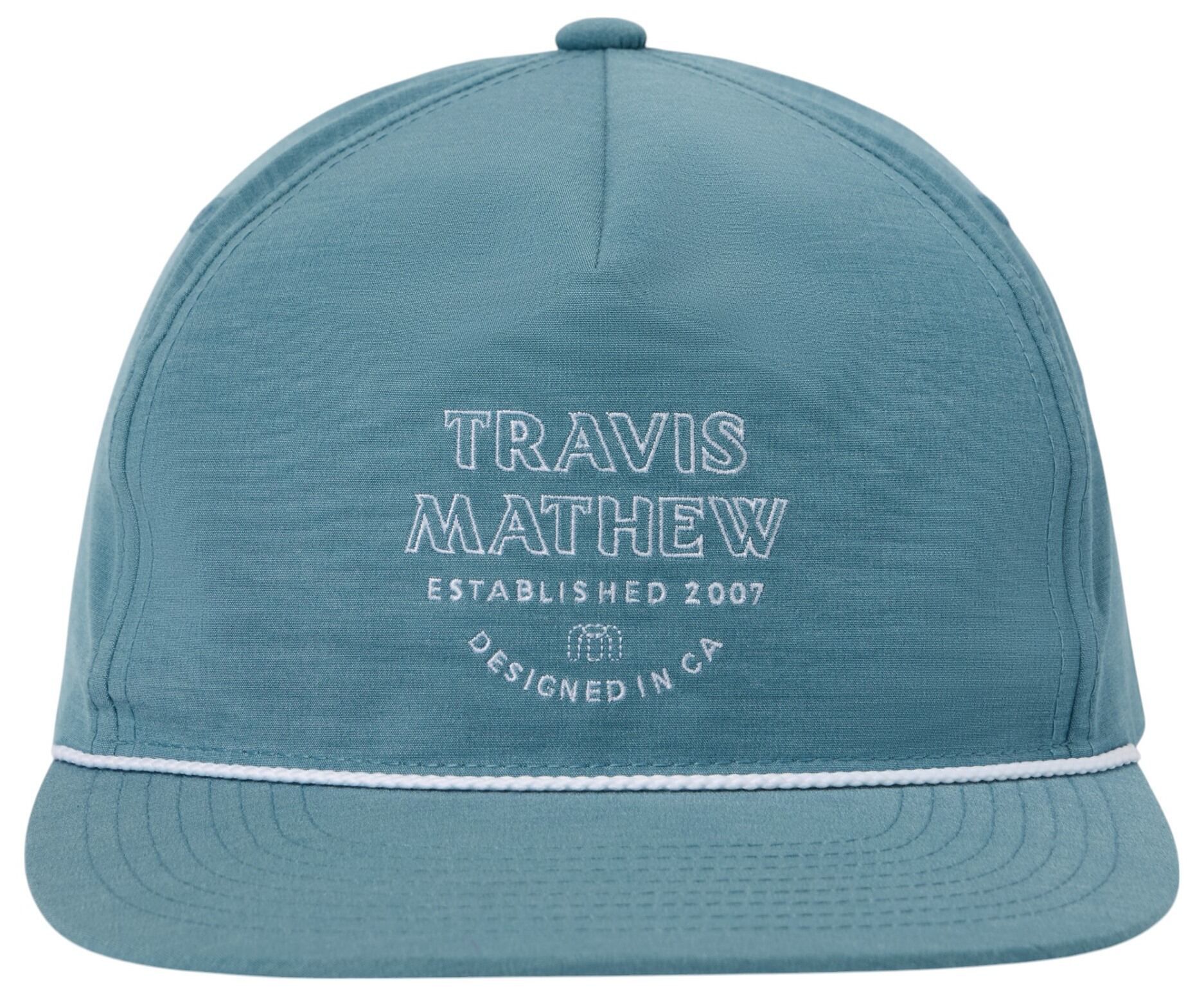 TravisMathew adult Hidden Agenda golf hat in neutral color, featuring a curved brim and adjustable strap for a comfortable fit