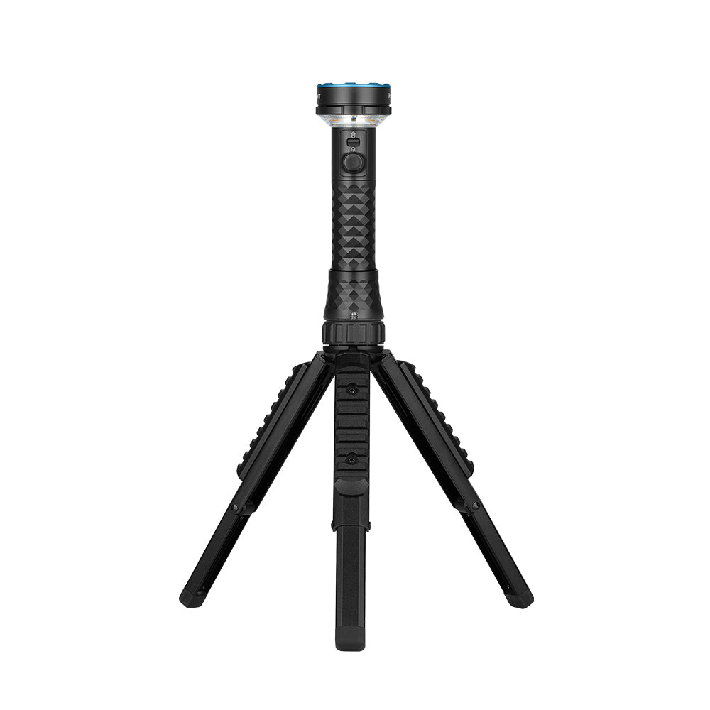 MUCITUP Olight Prowess flashlight mounted on a sturdy tripod for stable outdoor or tactical lighting.