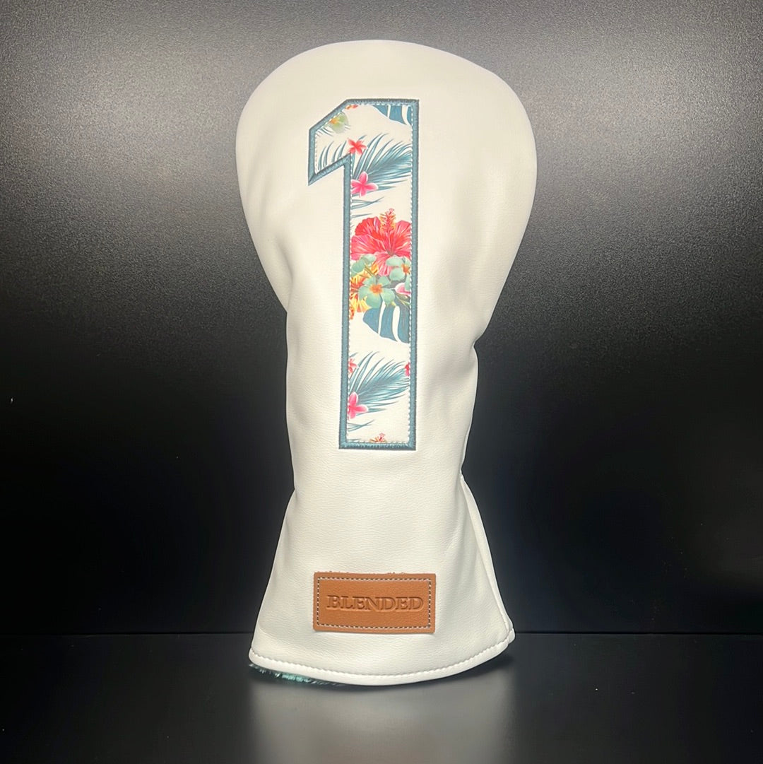 Tropical floral print golf club headcover by ParWestGolf, featuring vibrant colorful tropical flower design.