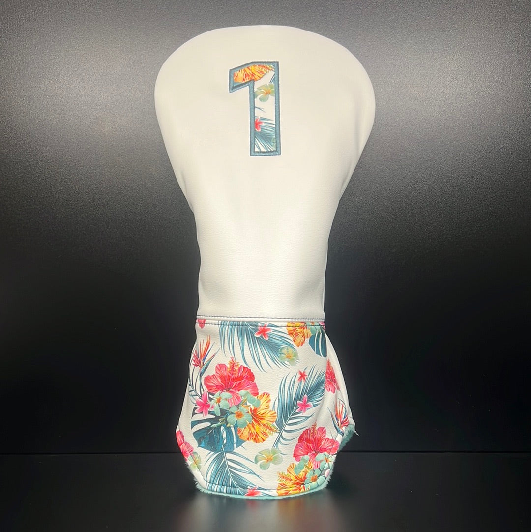 Tropical floral print golf club headcover by ParWestGolf, featuring vibrant tropical flower designs for golf club protection.
