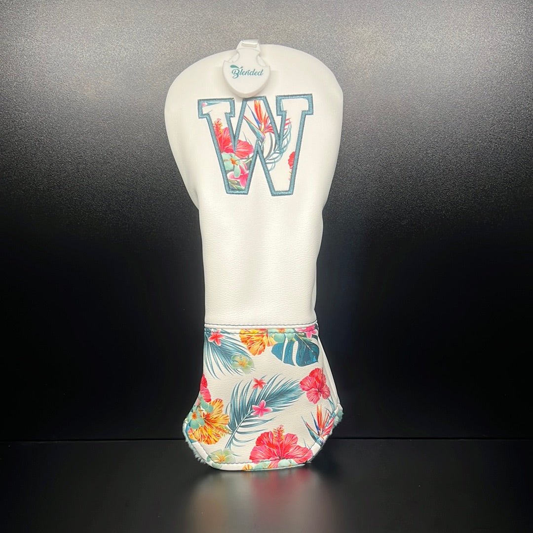Tropical floral print golf club headcover by ParWestGolf featuring vibrant tropical flower design.