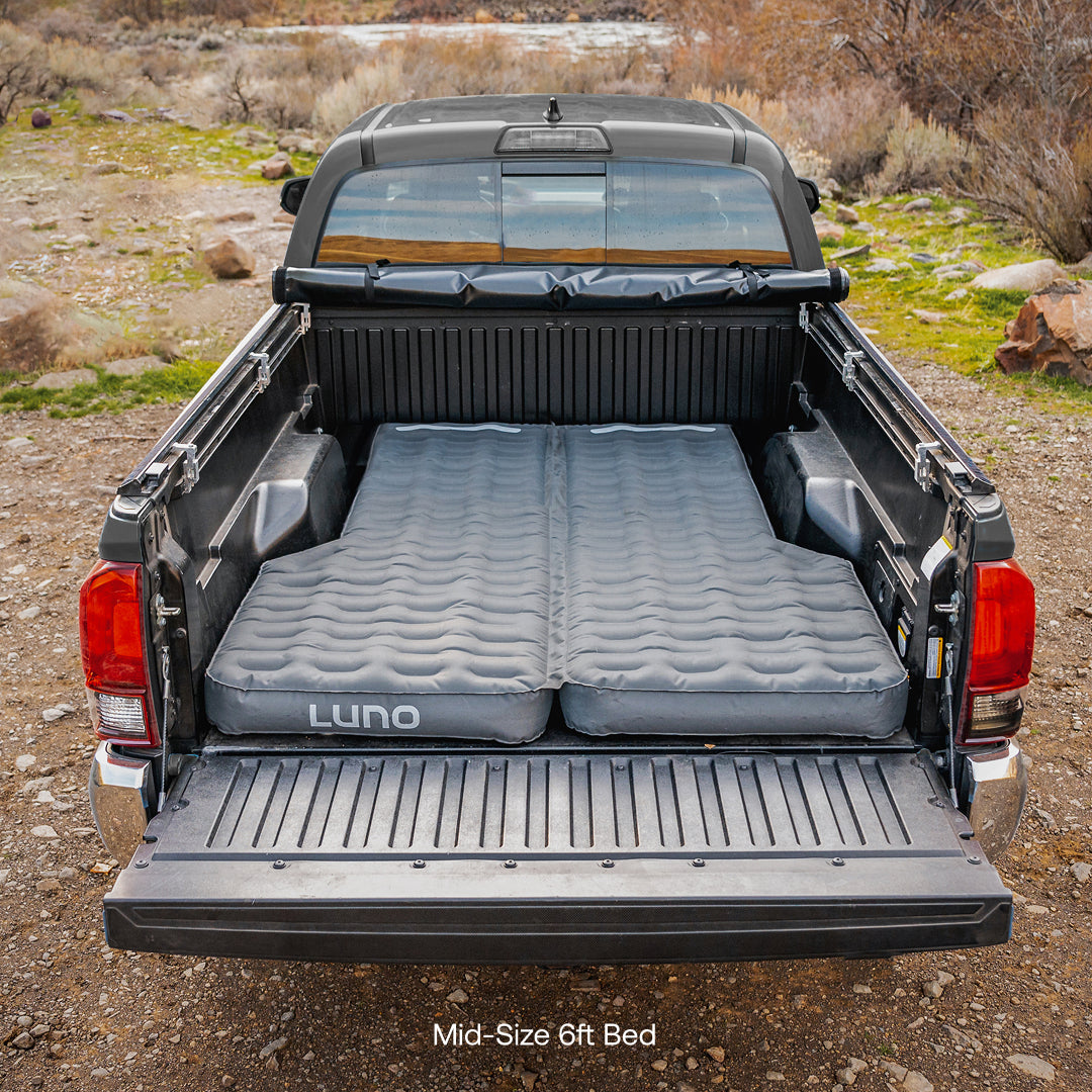 Luno® AIR Truck Bed Mattress for mid-size 6ft truck beds, featuring a durable design for outdoor camping comfort.