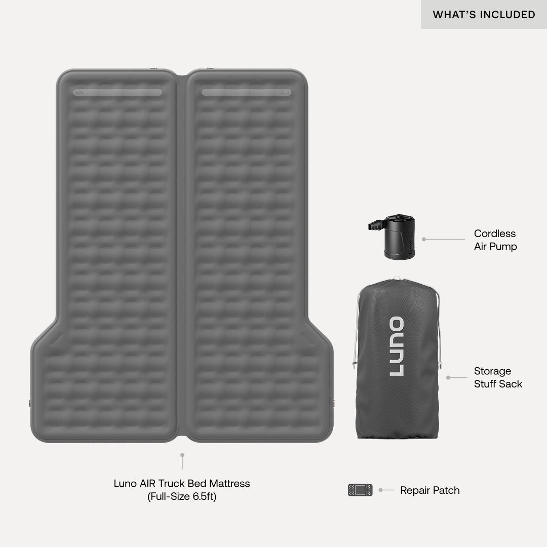Luno® AIR Truck Bed Mattress for full-size 6.5ft truck bed, featuring a durable, inflatable design for comfortable sleeping.