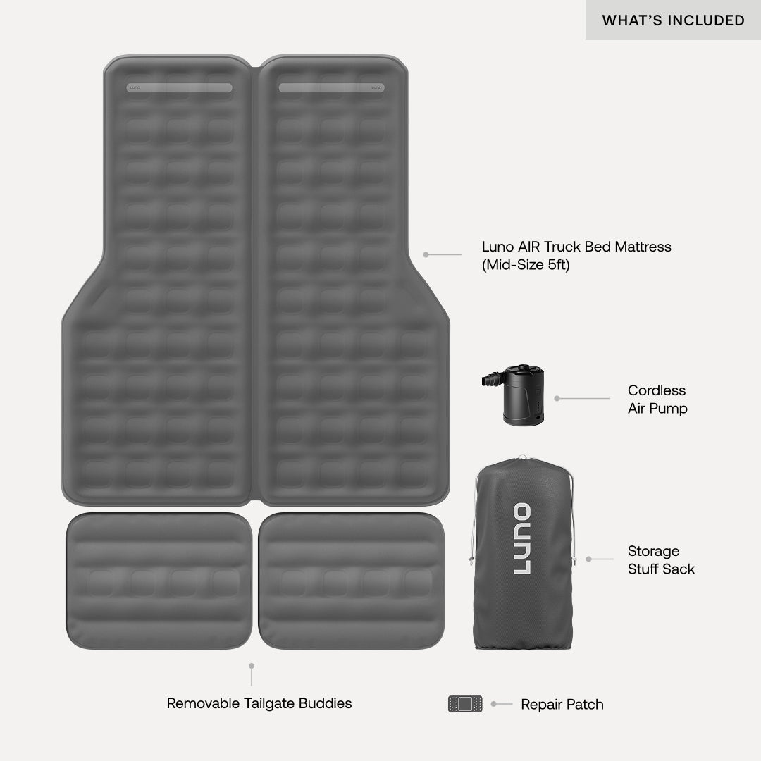 Luno® AIR Truck Bed Mattress in a mid-size truck bed, showcasing its comfortable, inflatable design for camping.