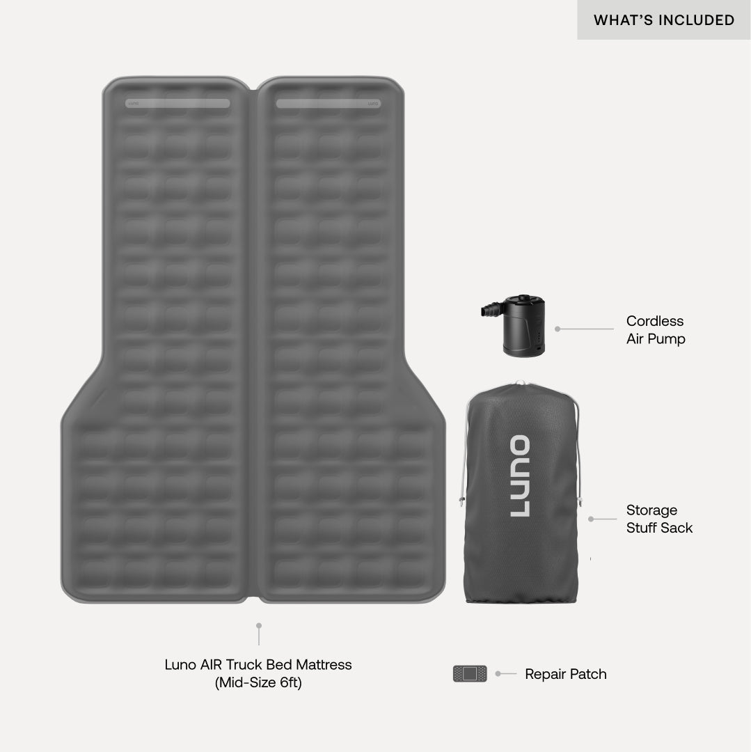 Luno® AIR Truck Bed Mattress designed for mid-size 6ft truck beds, showcasing a comfortable and durable sleeping surface.