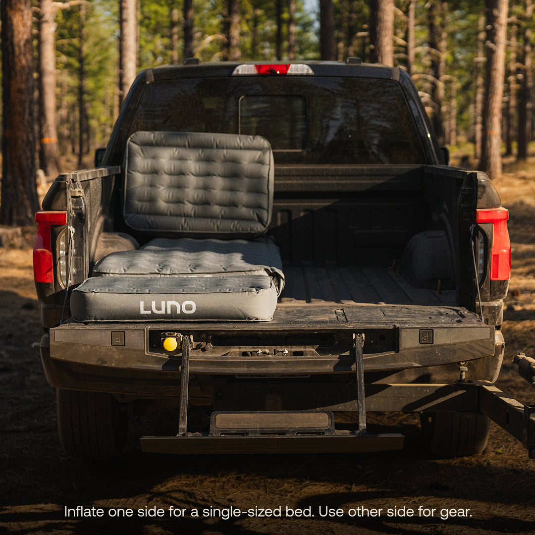 Luno® AIR Truck Bed Mattress for full-size 5.5ft truck beds, showing a comfortable design for outdoor camping adventures.