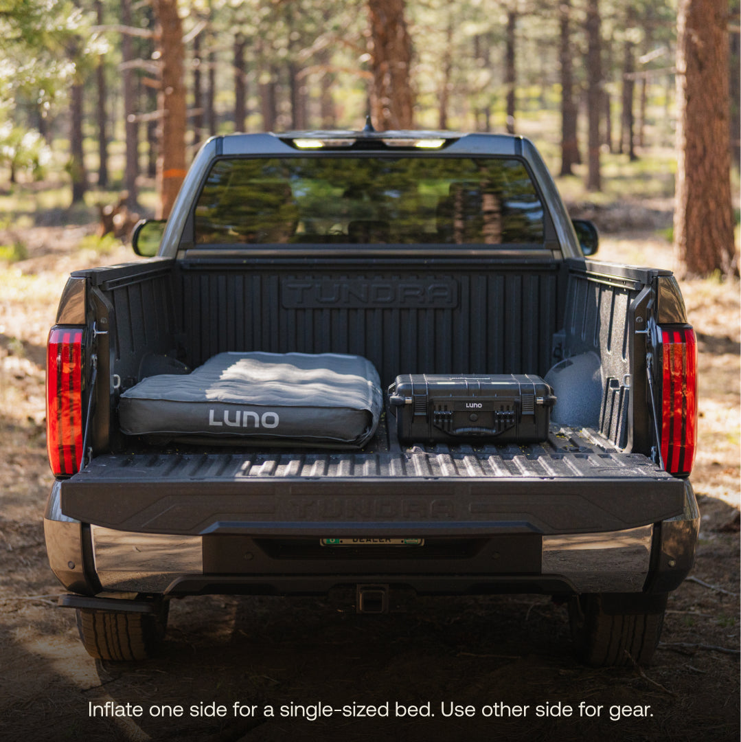 Luno® AIR Truck Bed Mattress designed for full-size 6.5ft truck beds, showcasing its durable, inflatable construction.