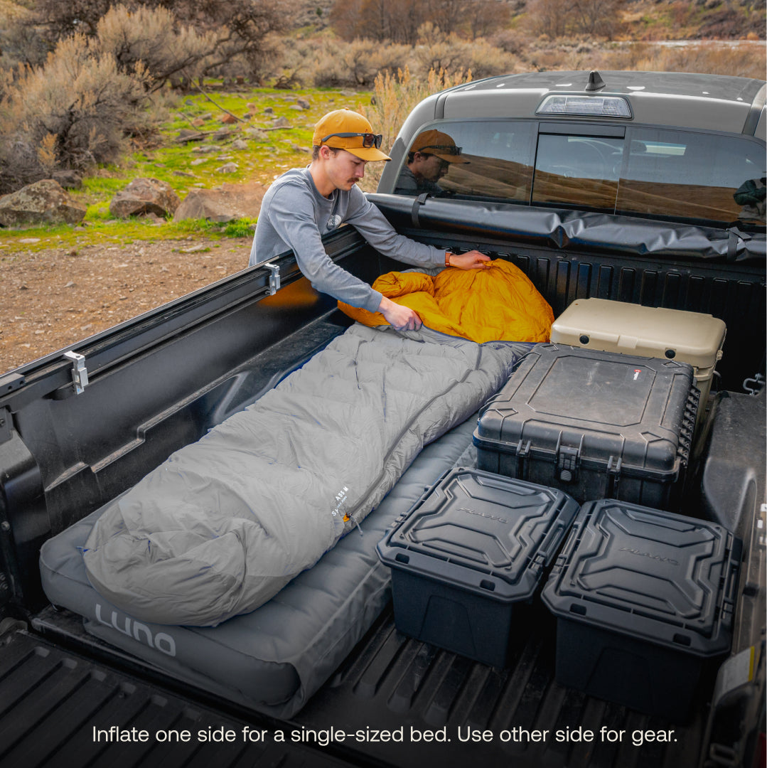 Luno® AIR Truck Bed Mattress in a mid-size 6ft truck bed, showcasing its comfortable design and fit.