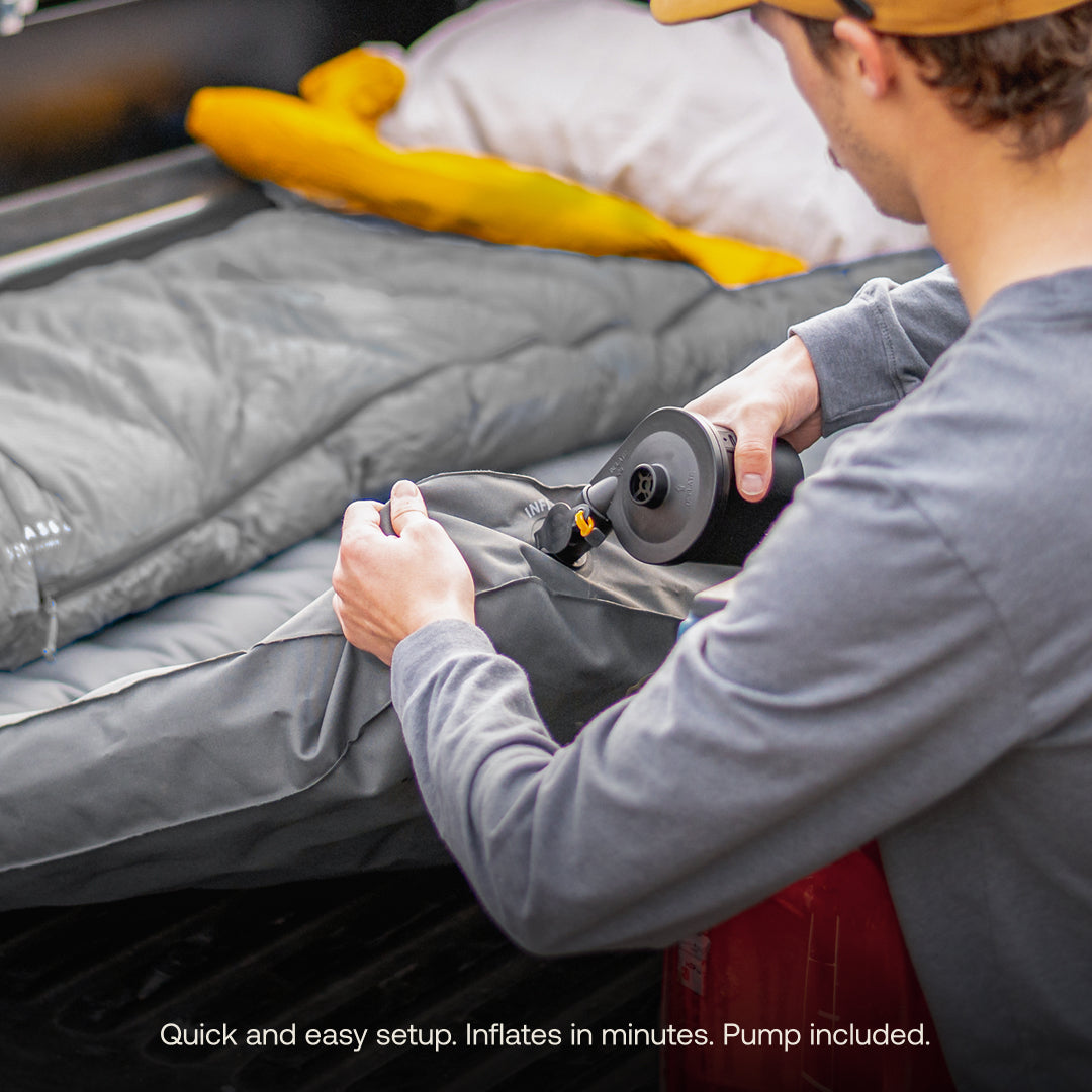 Luno® AIR Truck Bed Mattress displayed in a full-size truck bed, designed for comfort and outdoor adventure.