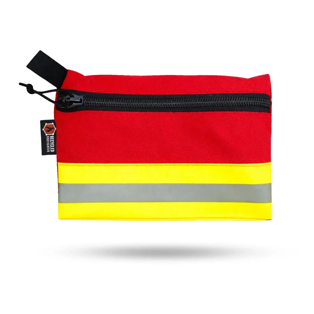 Large Truckie backpack by Recycled Firefighter featuring vintage bunker gear design in red, durable and eco-friendly construction.