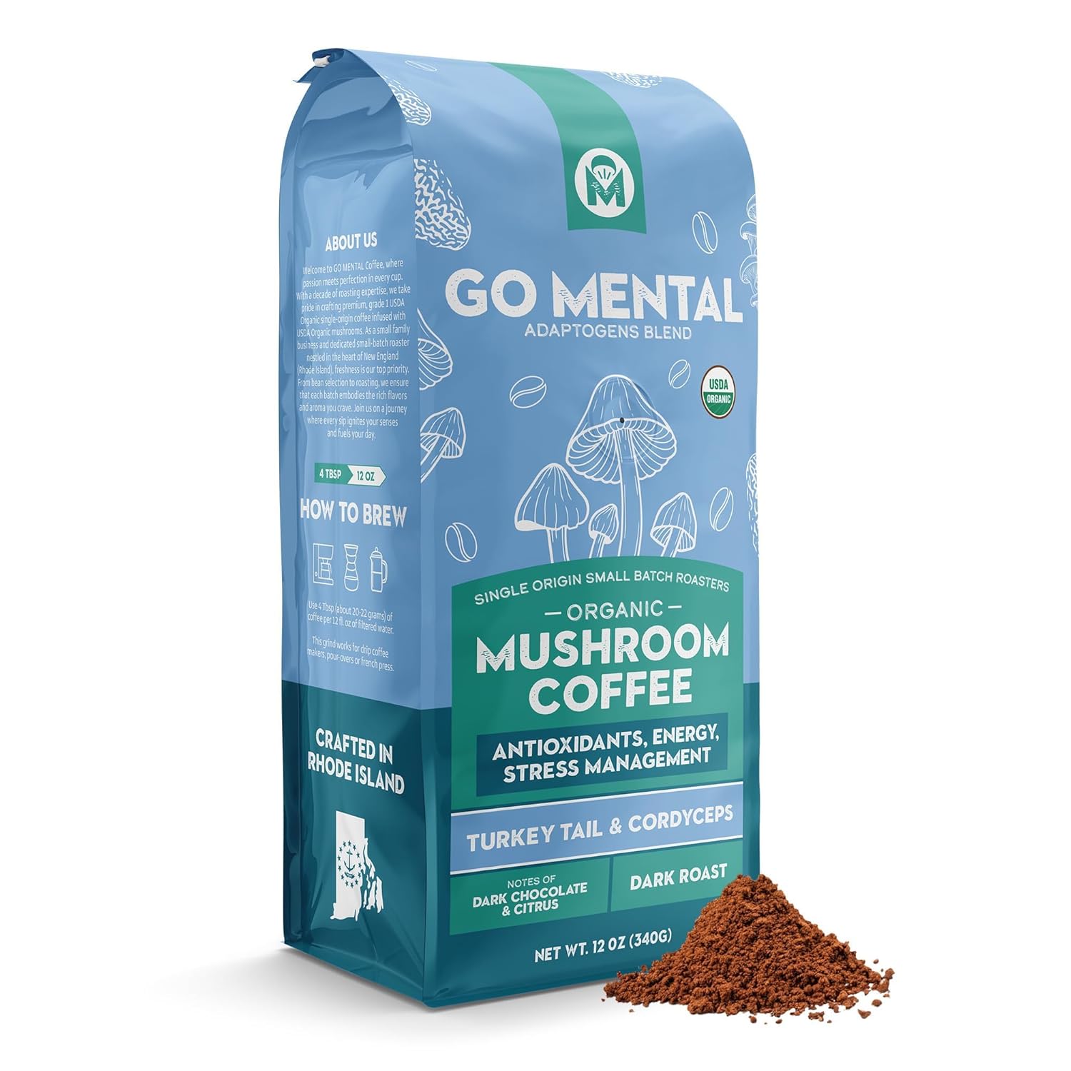 Turkey Tail and Cordyceps mushroom coffee adaptogen blend in a jar, featuring fresh mushrooms and coffee ingredients.
