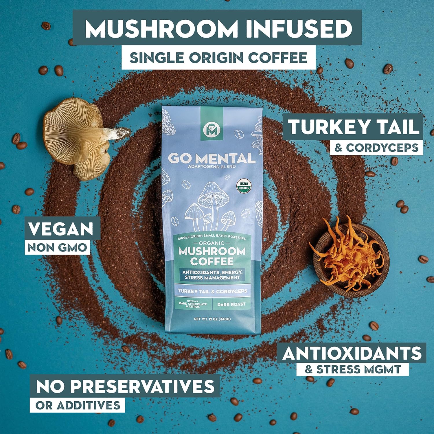 Turkey Tail and Cordyceps mushroom coffee adaptogen blend in a jar, with a scoop of powdered supplement displayed.