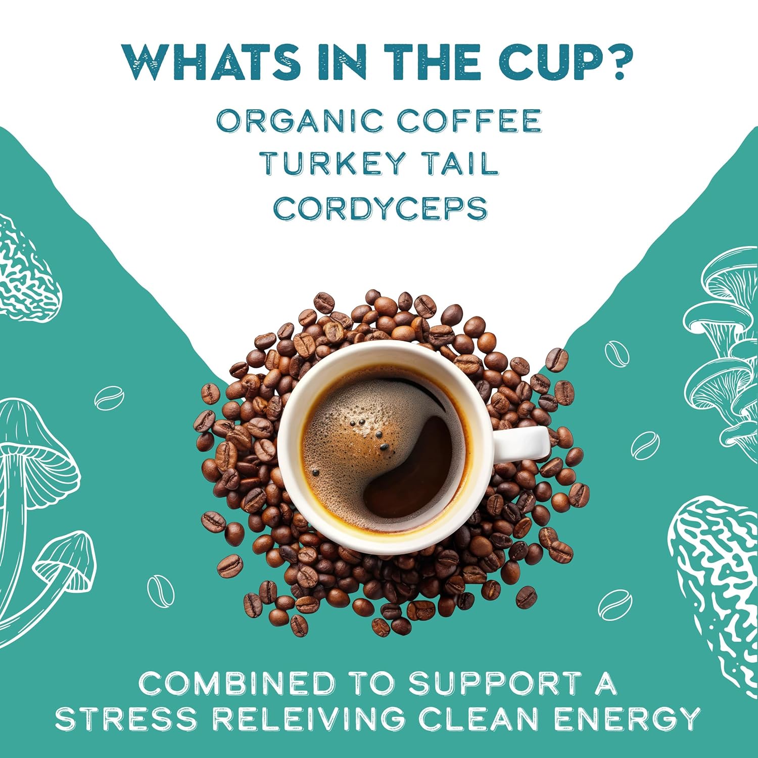 Turkey Tail and Cordyceps mushroom coffee adaptogen blend in a jar, featuring fresh mushrooms and coffee beans on the label.