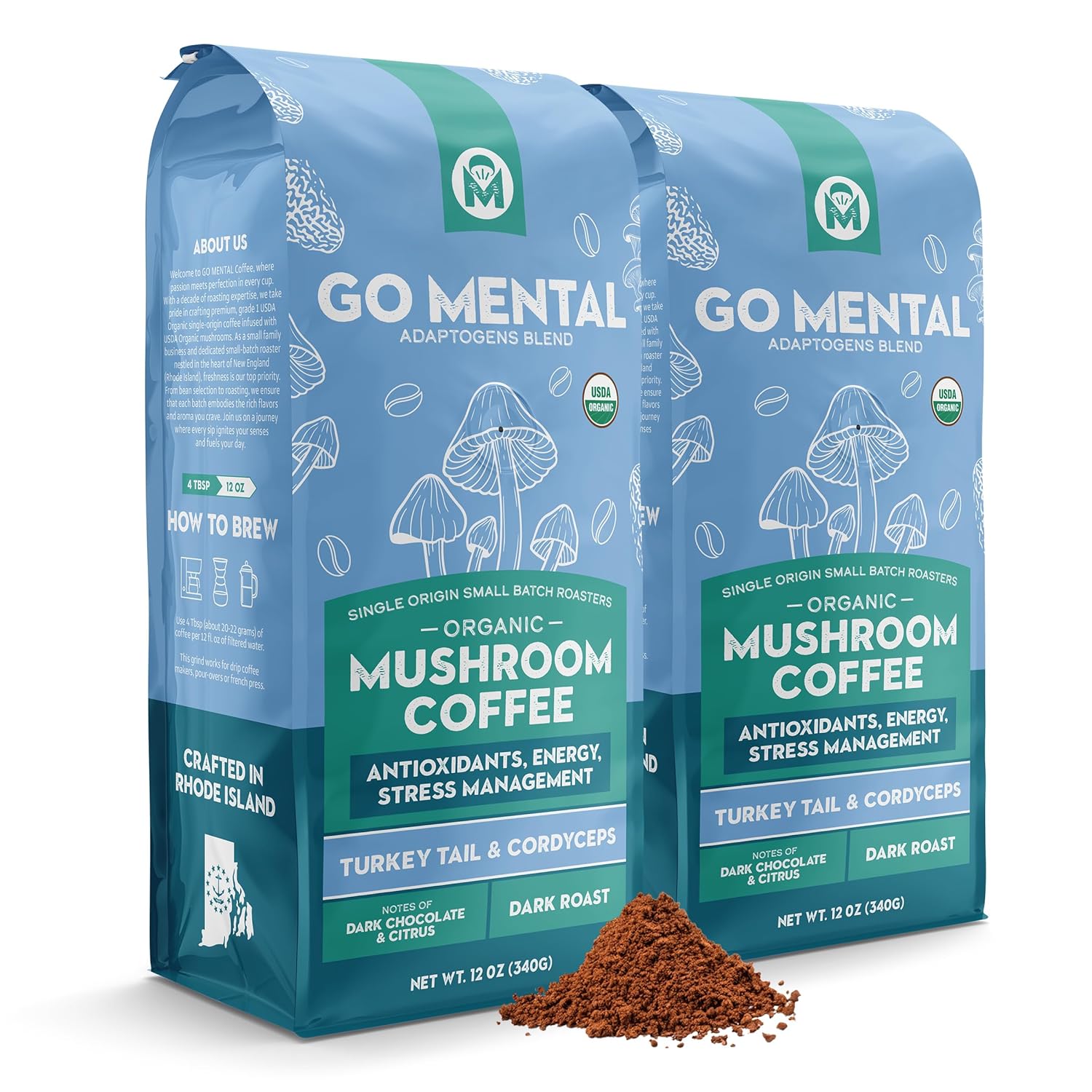 Turkey Tail and Cordyceps mushroom coffee adaptogens blend in a jar with a scoop, showcasing the GO MENTAL MUSHROOM COFFEE product.